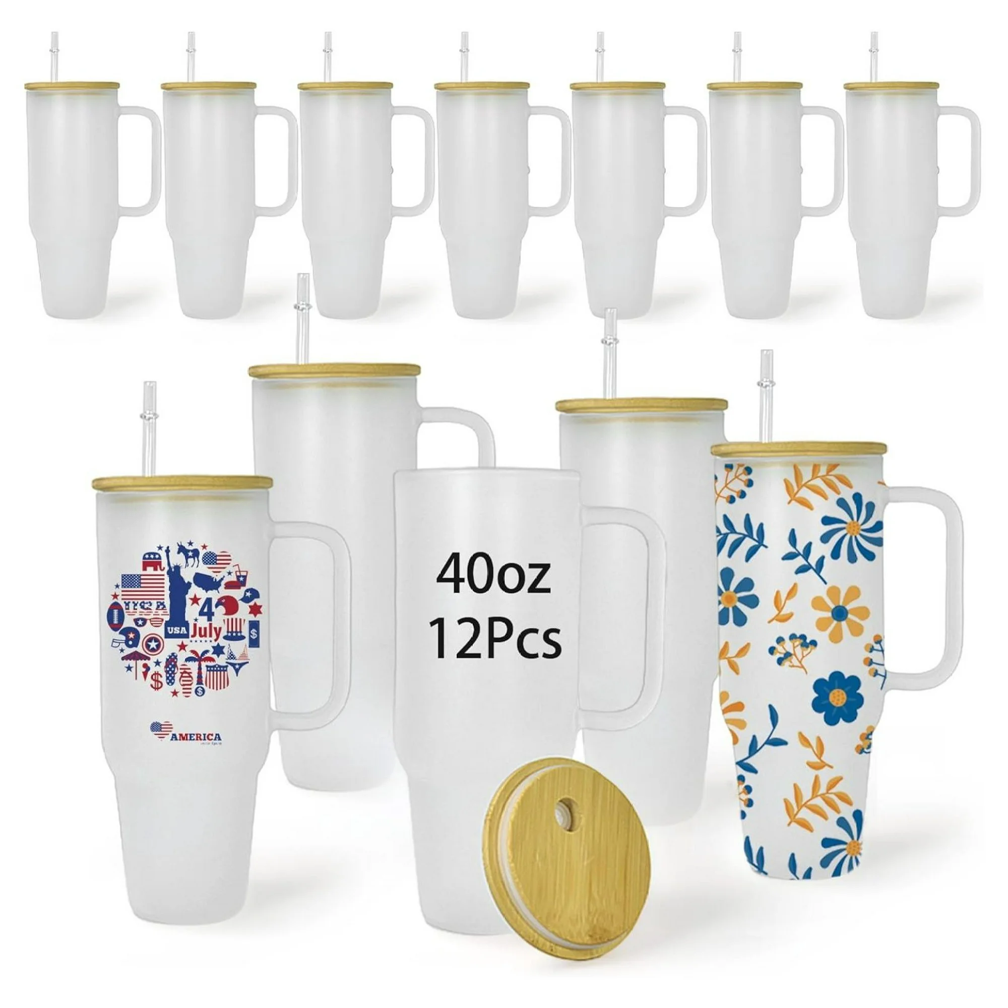 ZHANGHU 40oz Sublimation Glass 12 Pack with Handle Bamboo Lid & Plastic Straw Reusable Frosted Iced Coffee Cup Fits in Car Cup Holder for DIY Gifts Car Holder Friendly