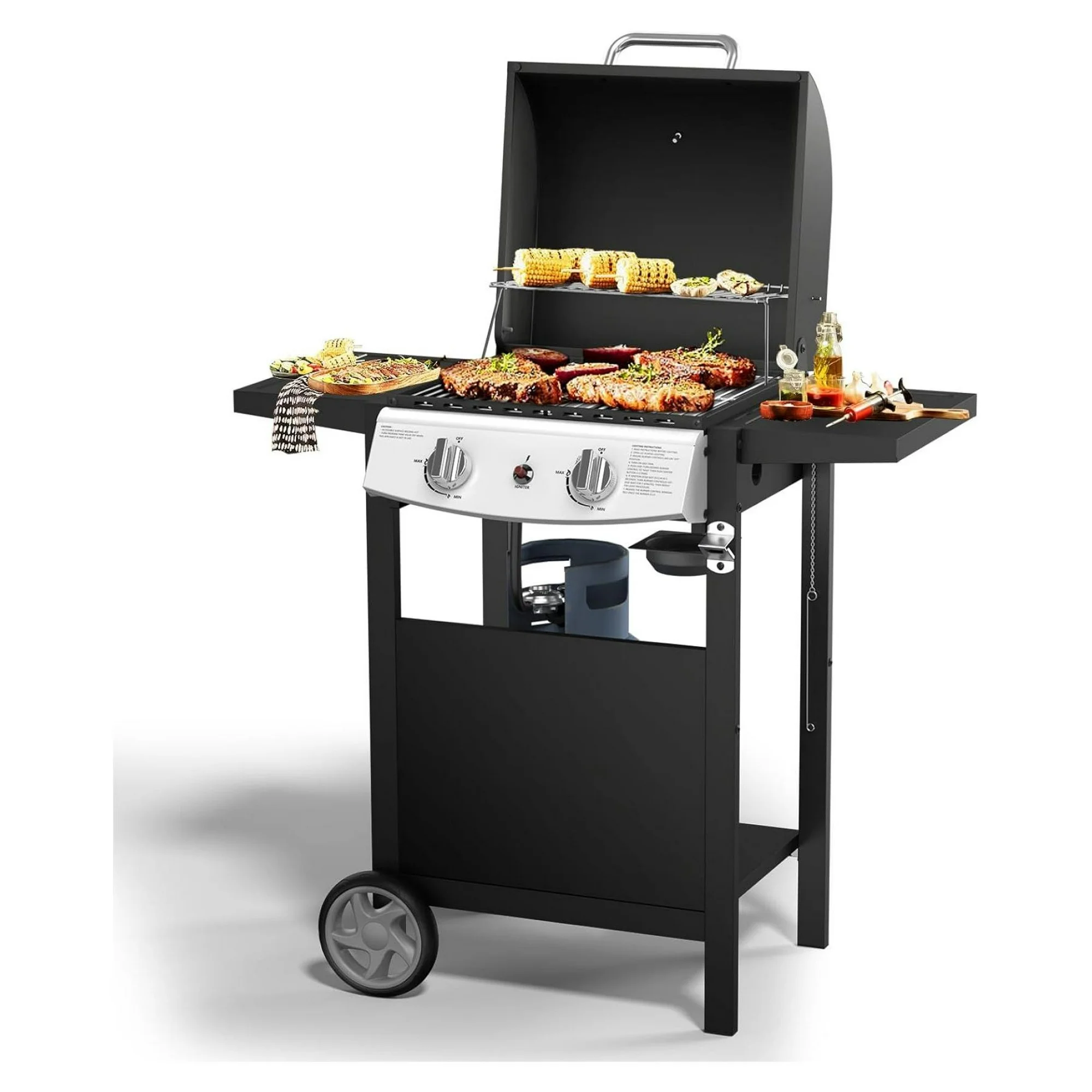 ZHANGHU 2 Burner BBQ Propane Gas Grill,Stainless Steel 20,000 BTU,Barbecue Gas Grill with 2 Sides Shelves,Removable Grease Pan and Cup,Ideal for Grills Outdoor Cooking