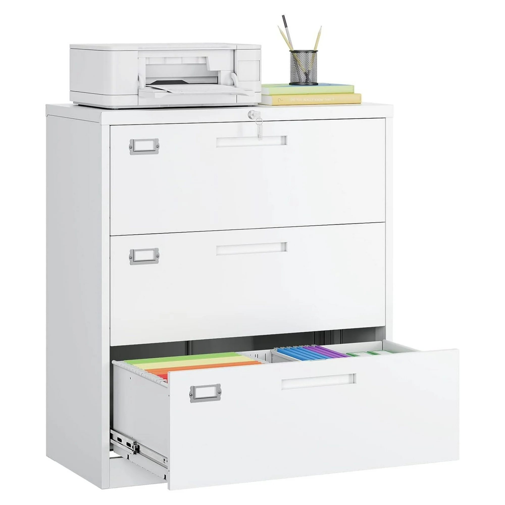 ZHANGHU 3 Drawer Lateral File Cabinet with Lock, White Lateral Filing Cabinet, Large Deep Drawers Locked by Keys, Metal Storage File Cabinet for Hanging Files Letter/Legal/F4/A4 Size