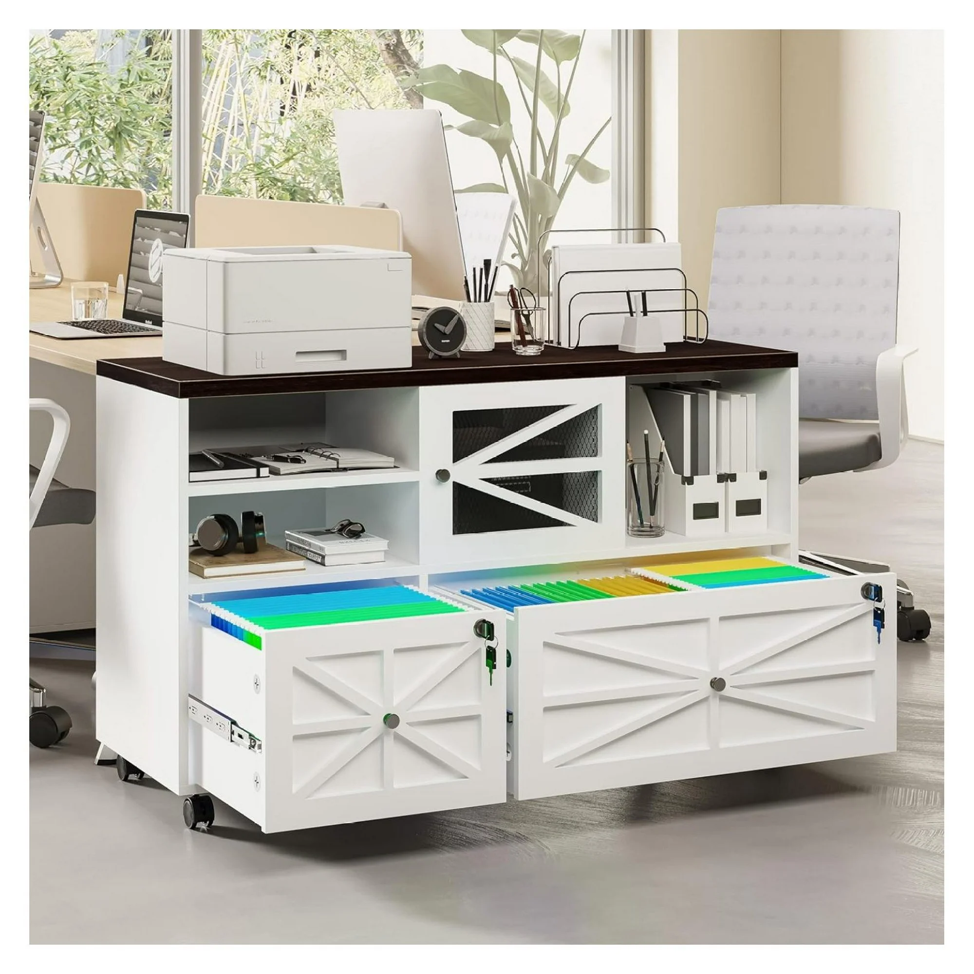 ZHANGHU 2 Drawer File Cabinet with Lock, Rolling File Cabinet for Home Office Fits Files Letter/Legal/F4/A4, Filing Cabinet 2 Drawer with Adjustable Shelf & 2 Lockable Wheels (White + Brown)