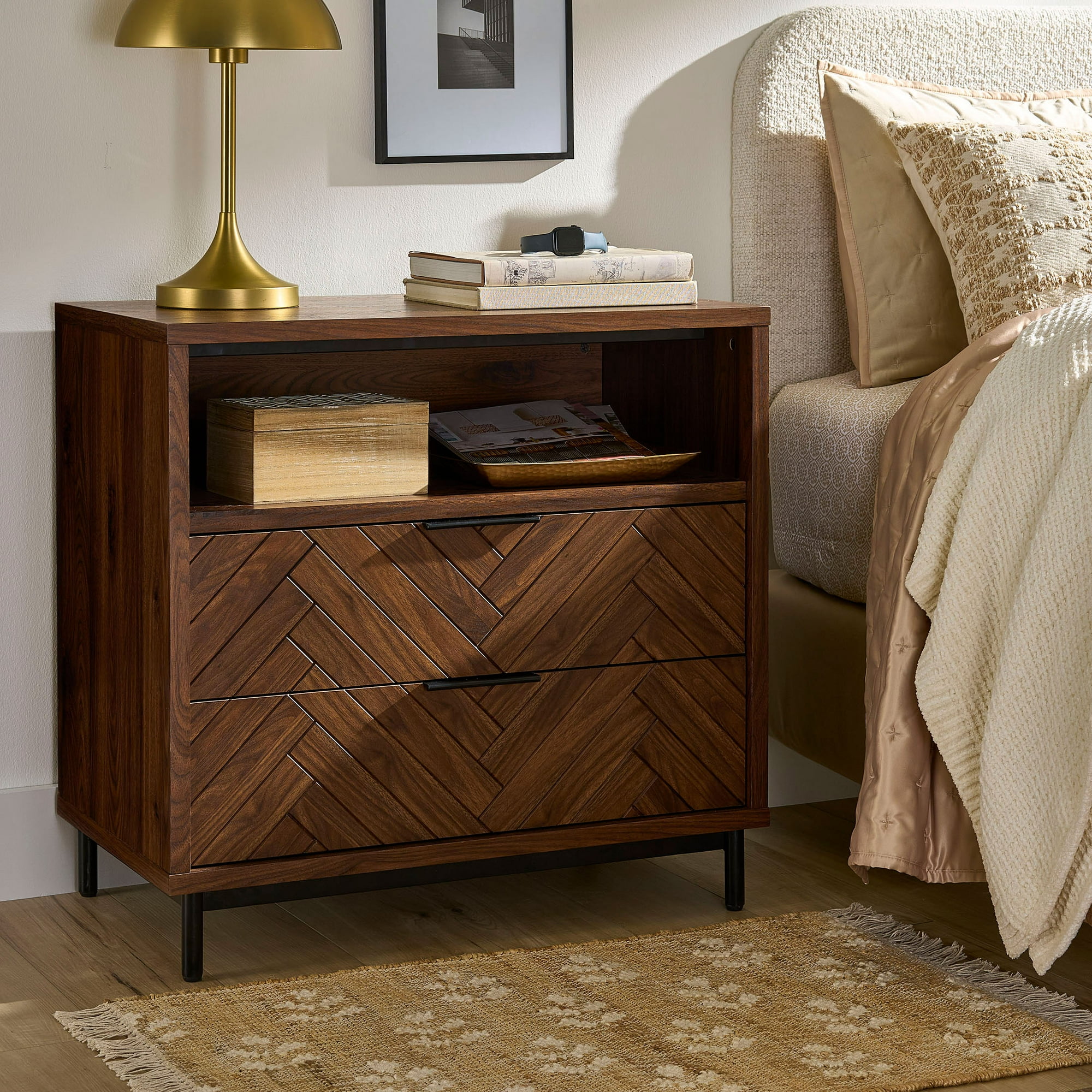 Better Homes & Gardens Wyatt Geo 2-Drawer Nightstand with USB, Walnut ...
