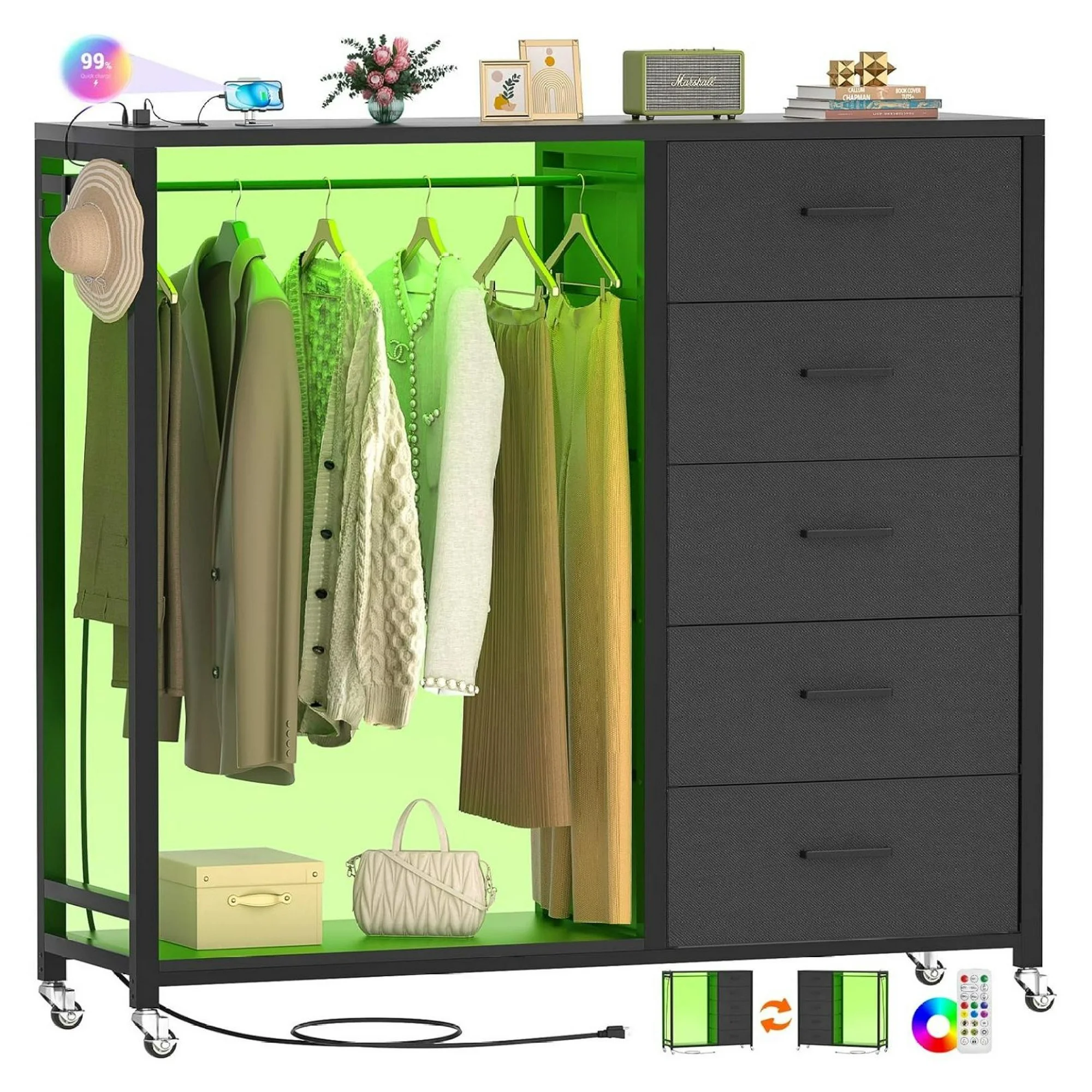 ZHANGHU Dresser for Bedroom with Clothes Rack, 5 Drawers Dresser with Charging Station & LED Lights, Tall Storage Chest of Drawers, Wooden Top, Bedroom, Closet, Black