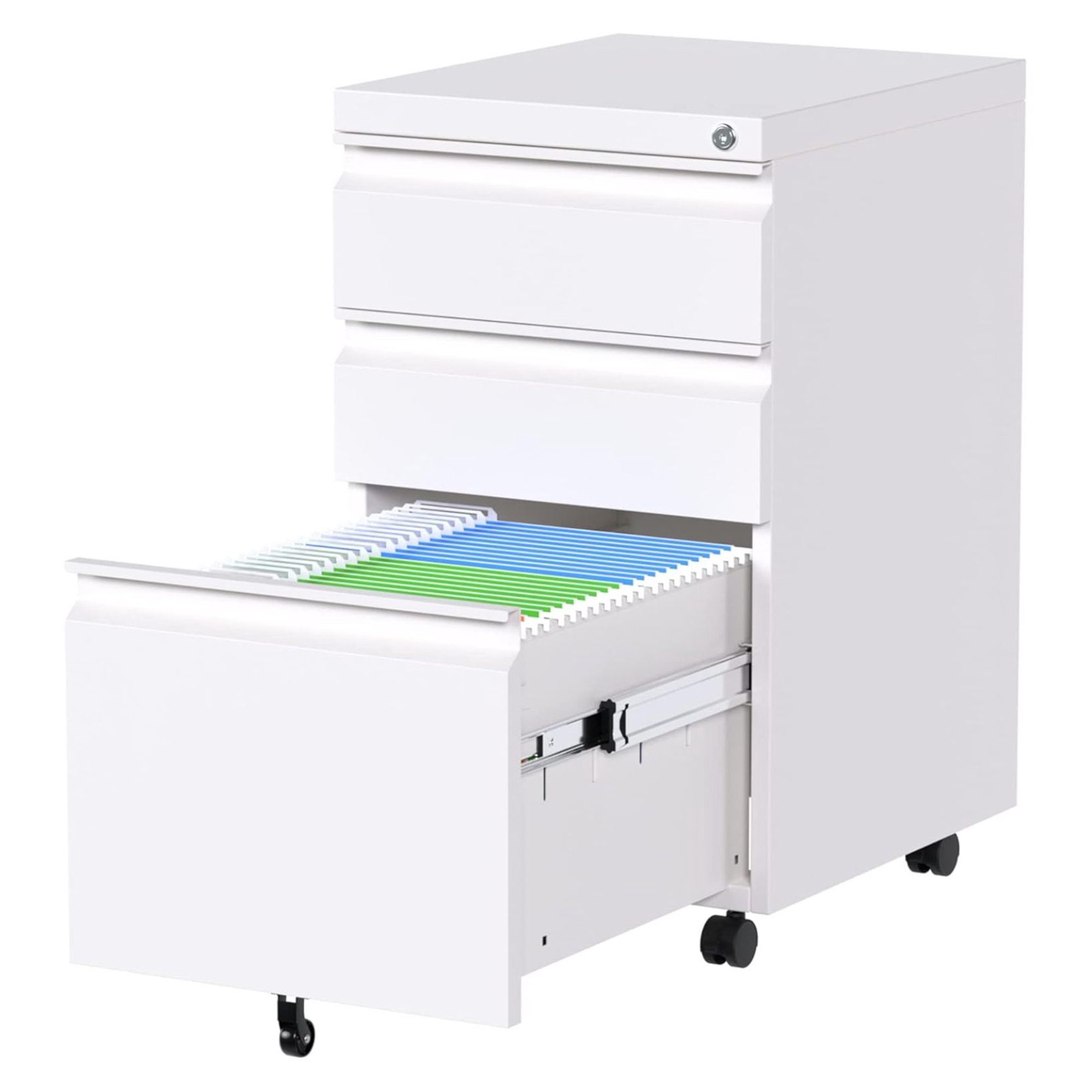 ZHANGHU 3 Drawer File Cabinet with Wheels, Under Desk Metal Rolling Filing Cabinet with Lock for Home Office, Fully Assembled, White