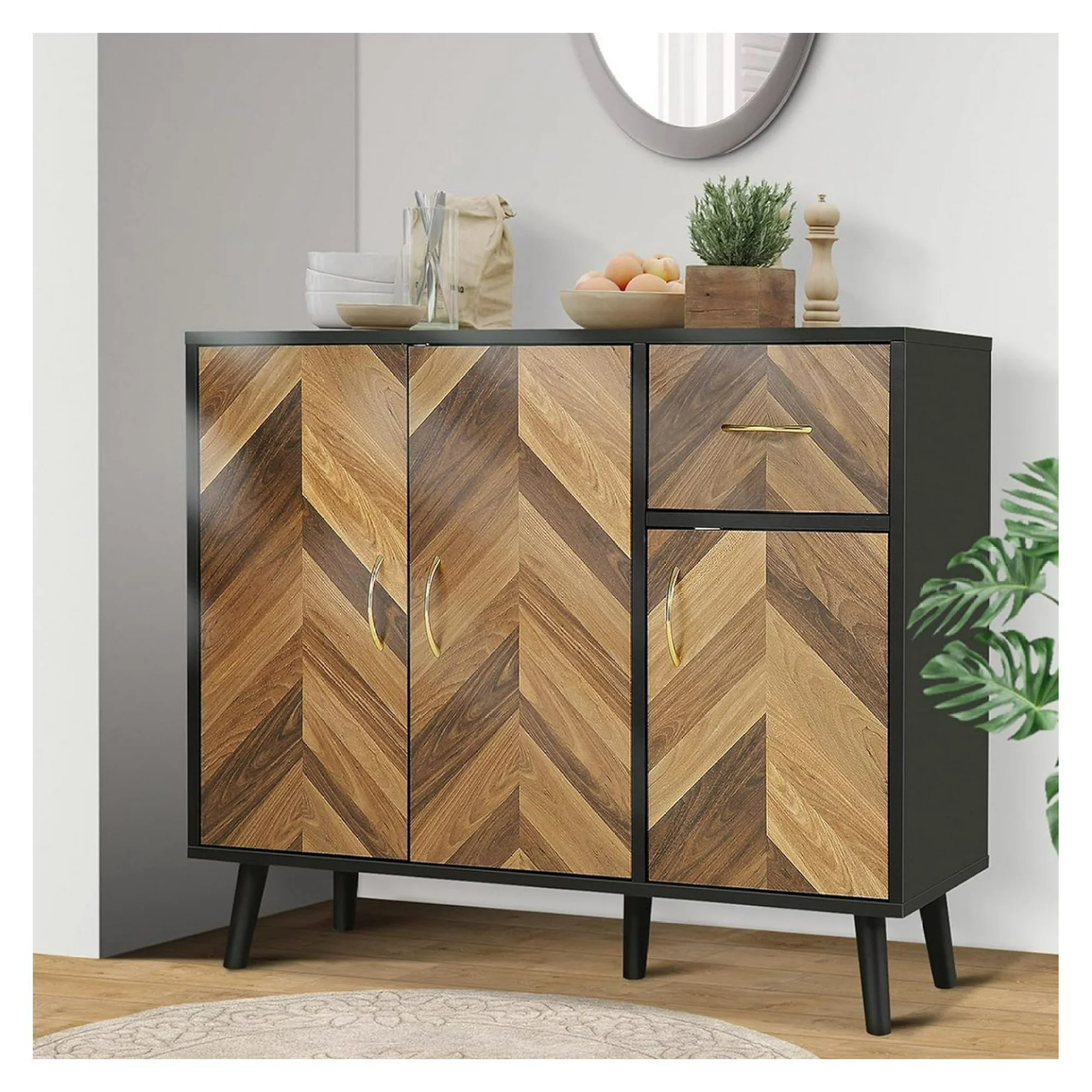 ZHANGHU Black Buffet Cabinet with Storage, Century Modern Sideboard Buffet Storage Cabinet, Small Wood Accent Cabinet with 3 Doors & 1 Drawer for Entryway, Hallway, Dining Room, Office