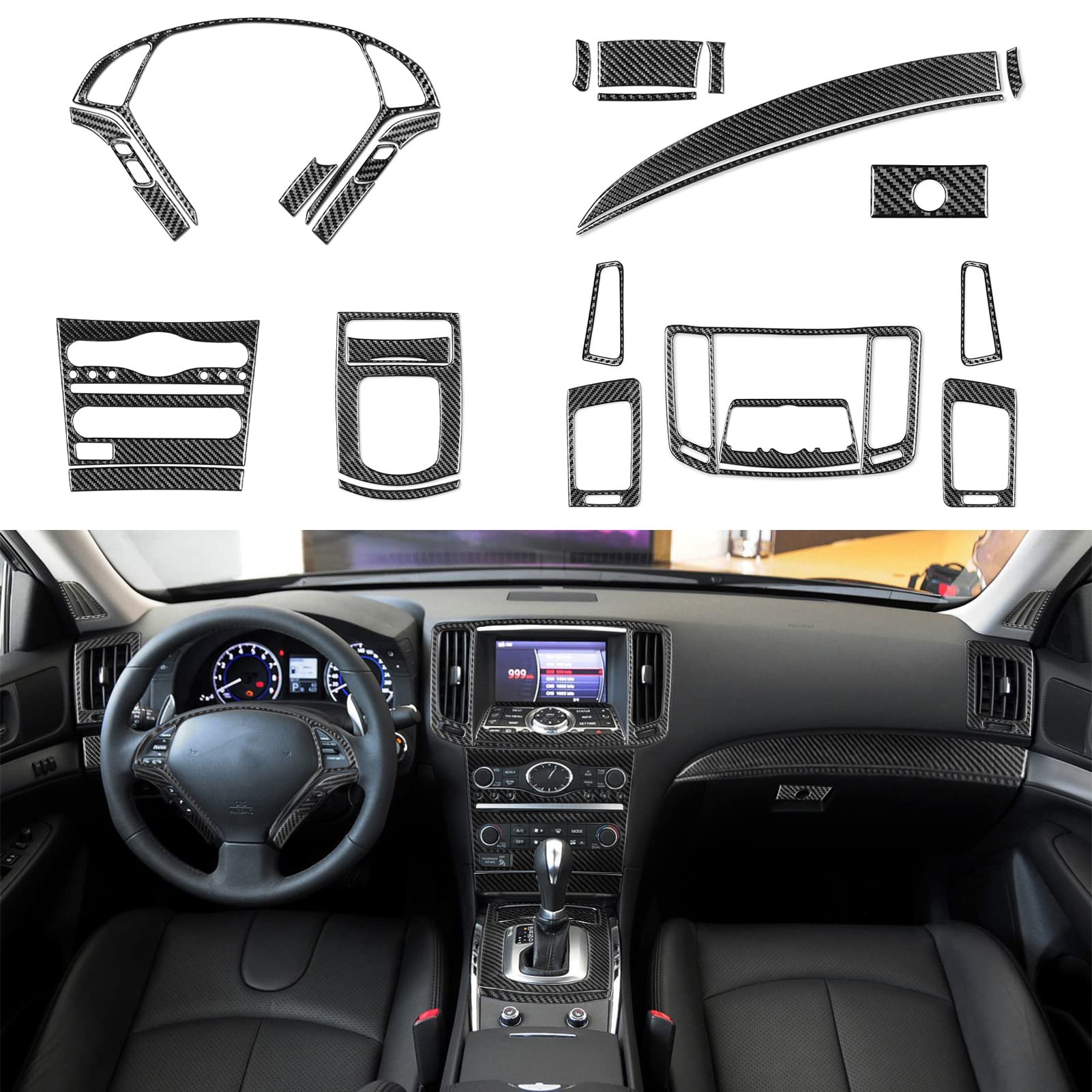 NVCNX Real Premium Carbon Fiber Compatible with Infiniti G37 2011 2012 2013 Coupe Sedan Convertible Accessories Car Center Console Dash Dashboard Cover Interior Trim Set Kit Black 28PCs C18