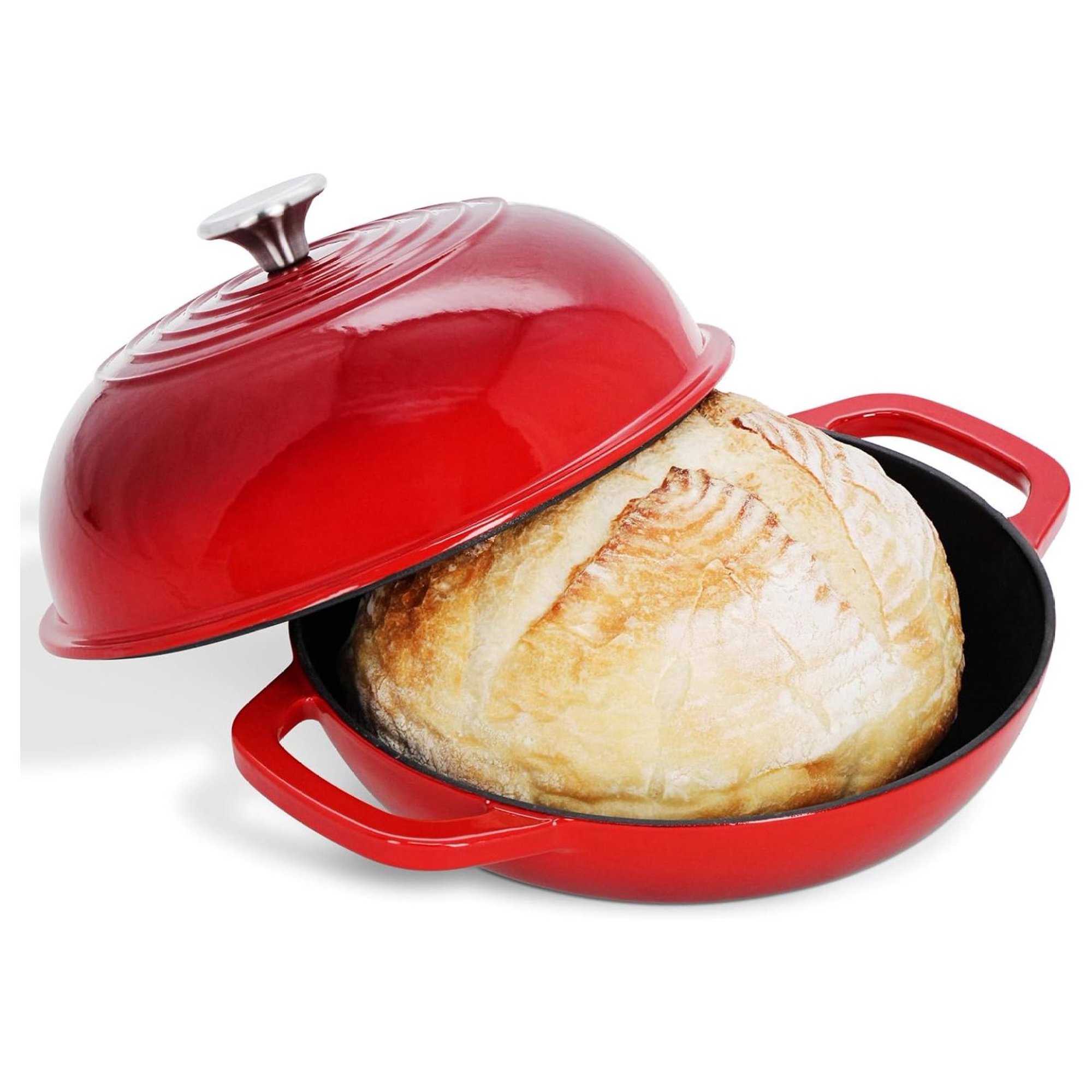 ZHANGHU Dutch Oven for Sourdough Bread Baking - 10 Inch Red Enameled Cast Iron Bread Cloche for Homemade Bread Boule Loaves - Artisan Bakers Ceramic Coated Loaf Pan for No Knead Breads