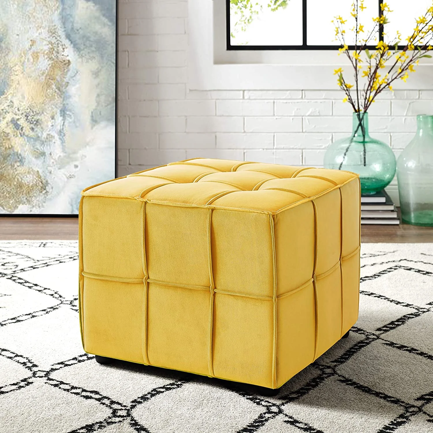 TJCGDTY Alethea Velvet Allover Tufted Cube Ottoman | Yellow