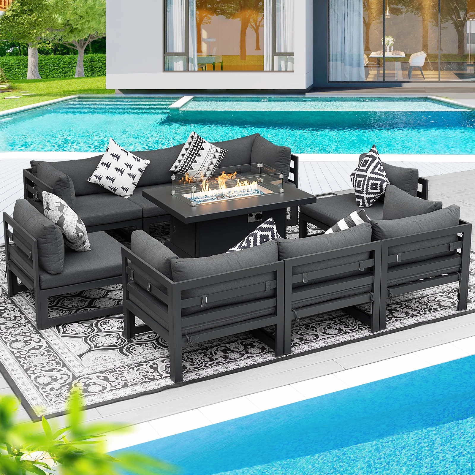 NICESOUL® 9 Piece Outdoor Aluminum Furniture with Fire Pit Patio Conversation Set Modern 43