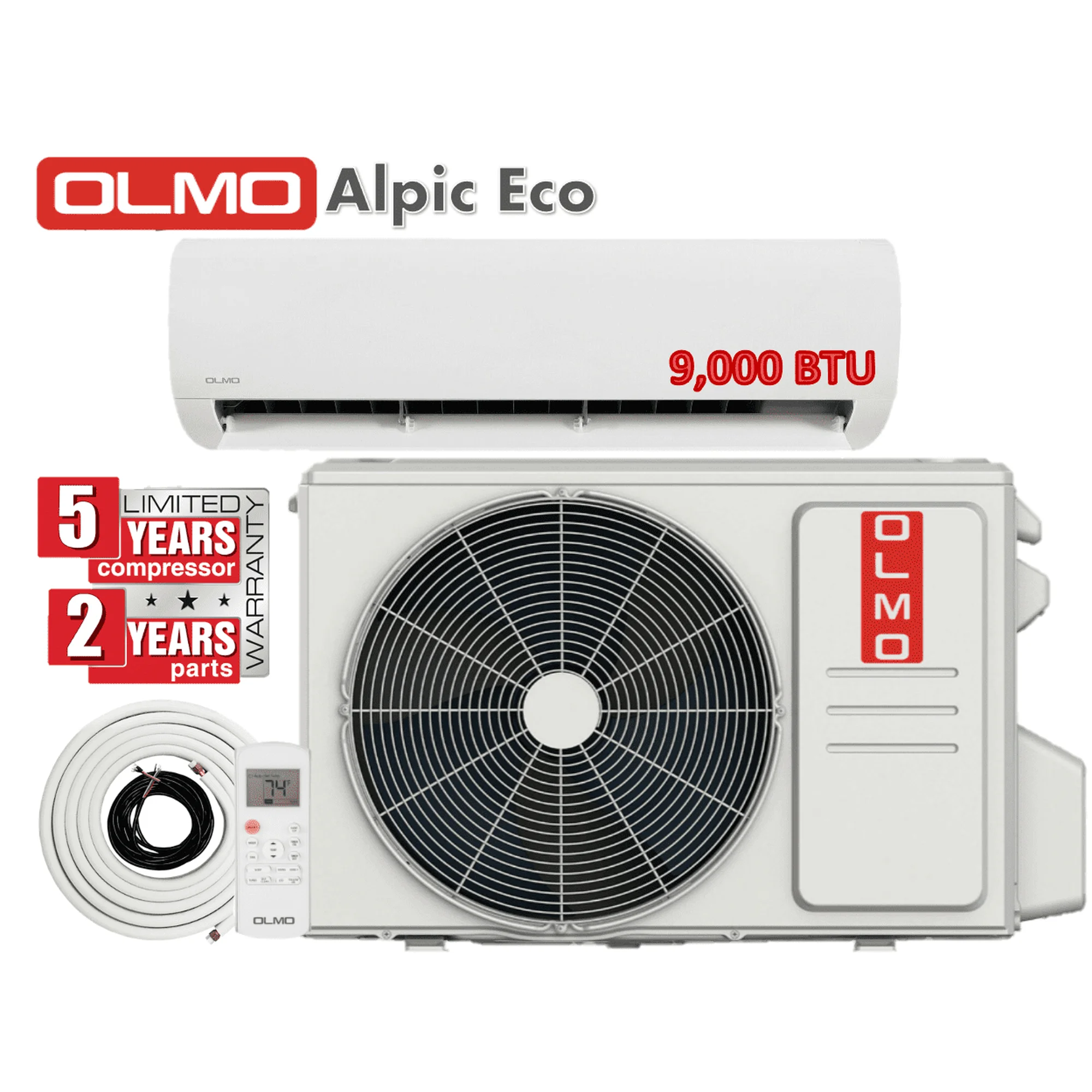 OLMO 9000 BTU 230V Wall Mounted Mini Split Heat Pump Air Conditioner With 16ft Kit Cover 400 Sq Ft