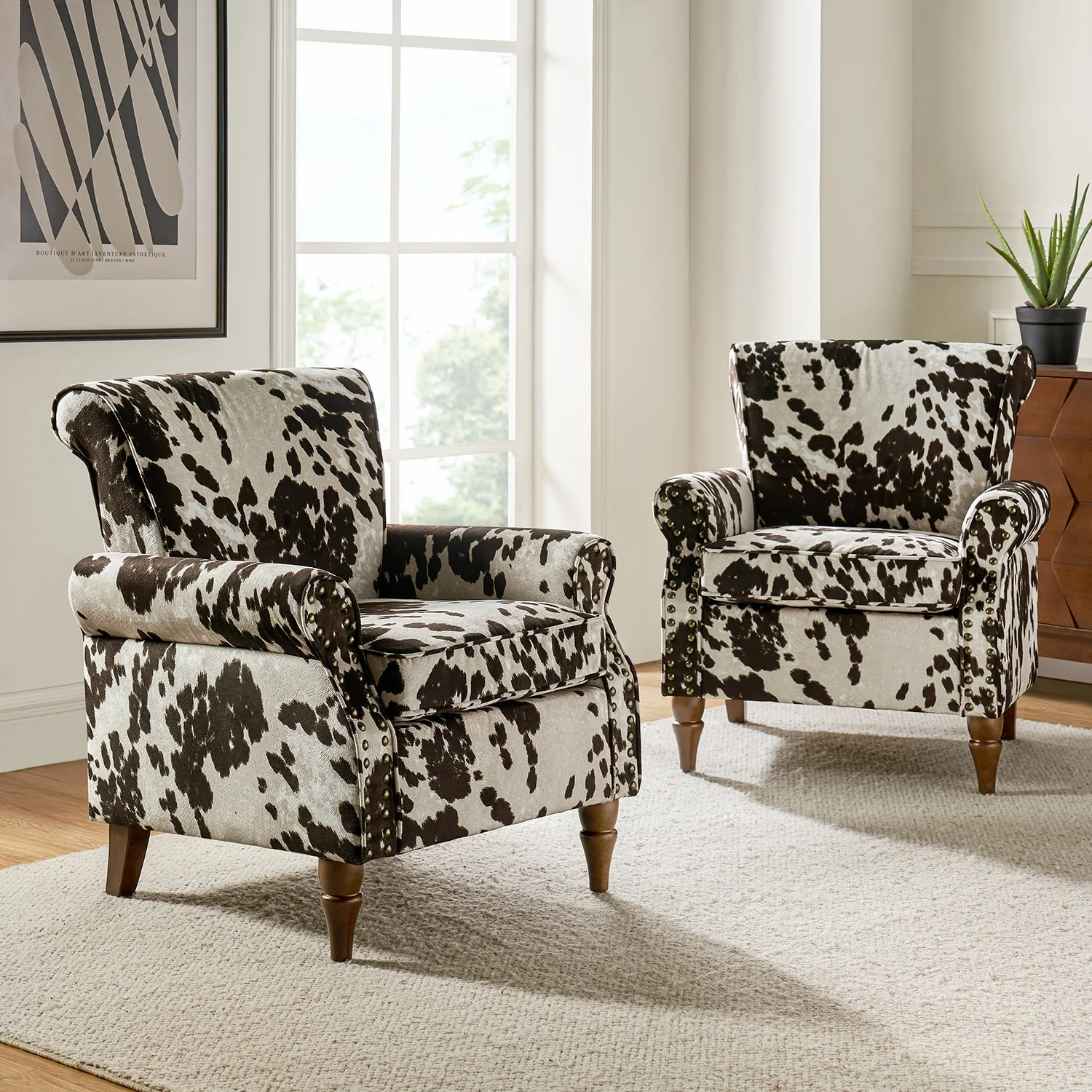 Upholstered Wingback Armchairs Set of 2 Home Cowhide Accent Chair Sofa Wood Legs Nailhead Trim Lounge Seat Adult Living Room