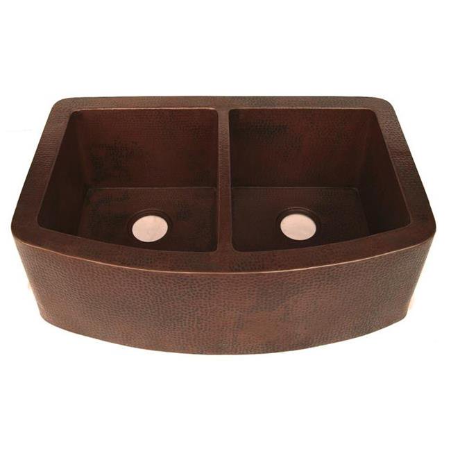 Novatto  Redondeado 50/50 Curved Farmhouse Copper Kitchen Sink - Copper Brown