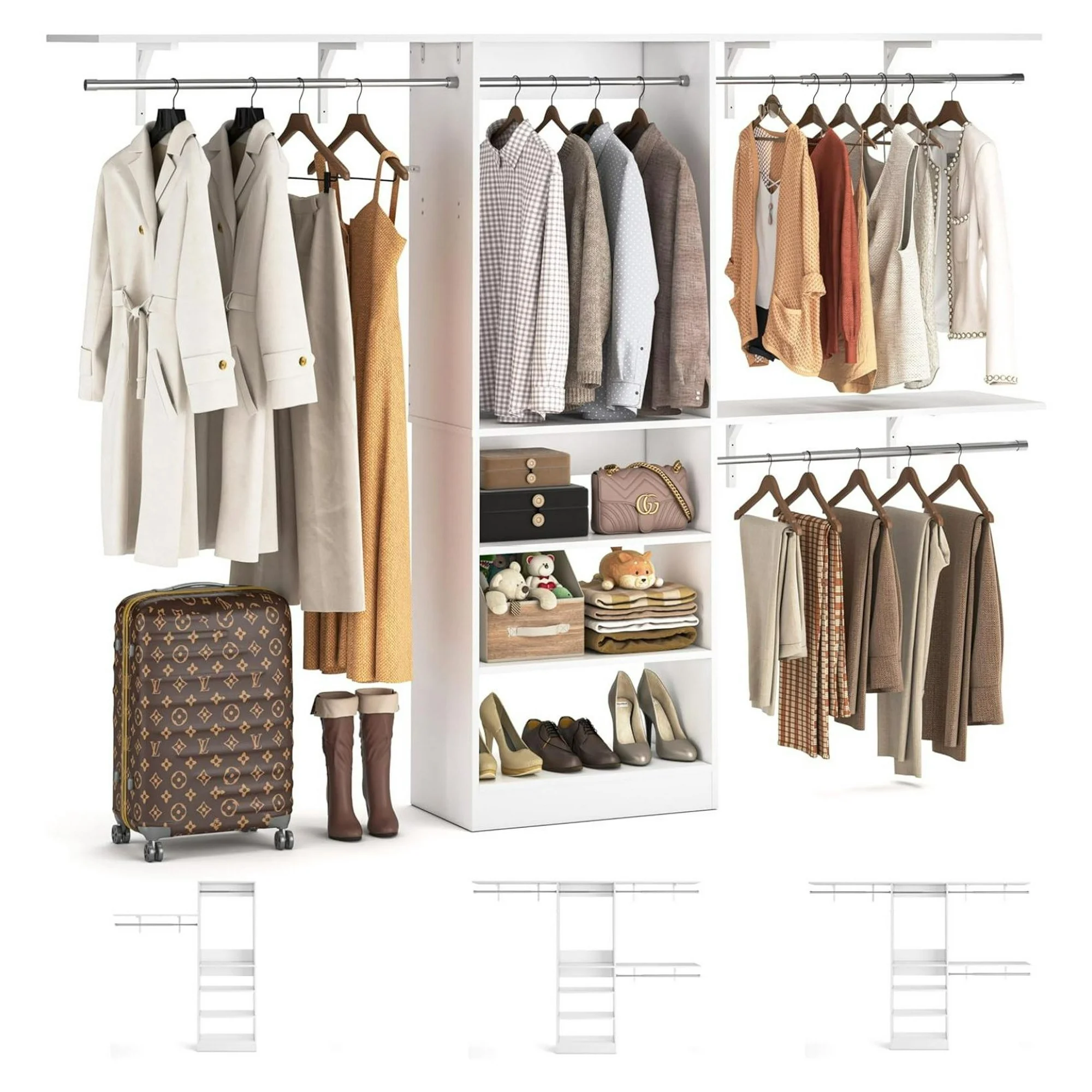 ZHANGHU 8FT Closet System with Shelves, 96'' Closet Organizer System with 3 Hanging Rods, Wall Mount Bedroom Wardrobe Walk-in Closet, Adjustable Cloth Garment Rack from 5 to 8FT (Cut to Fit), White