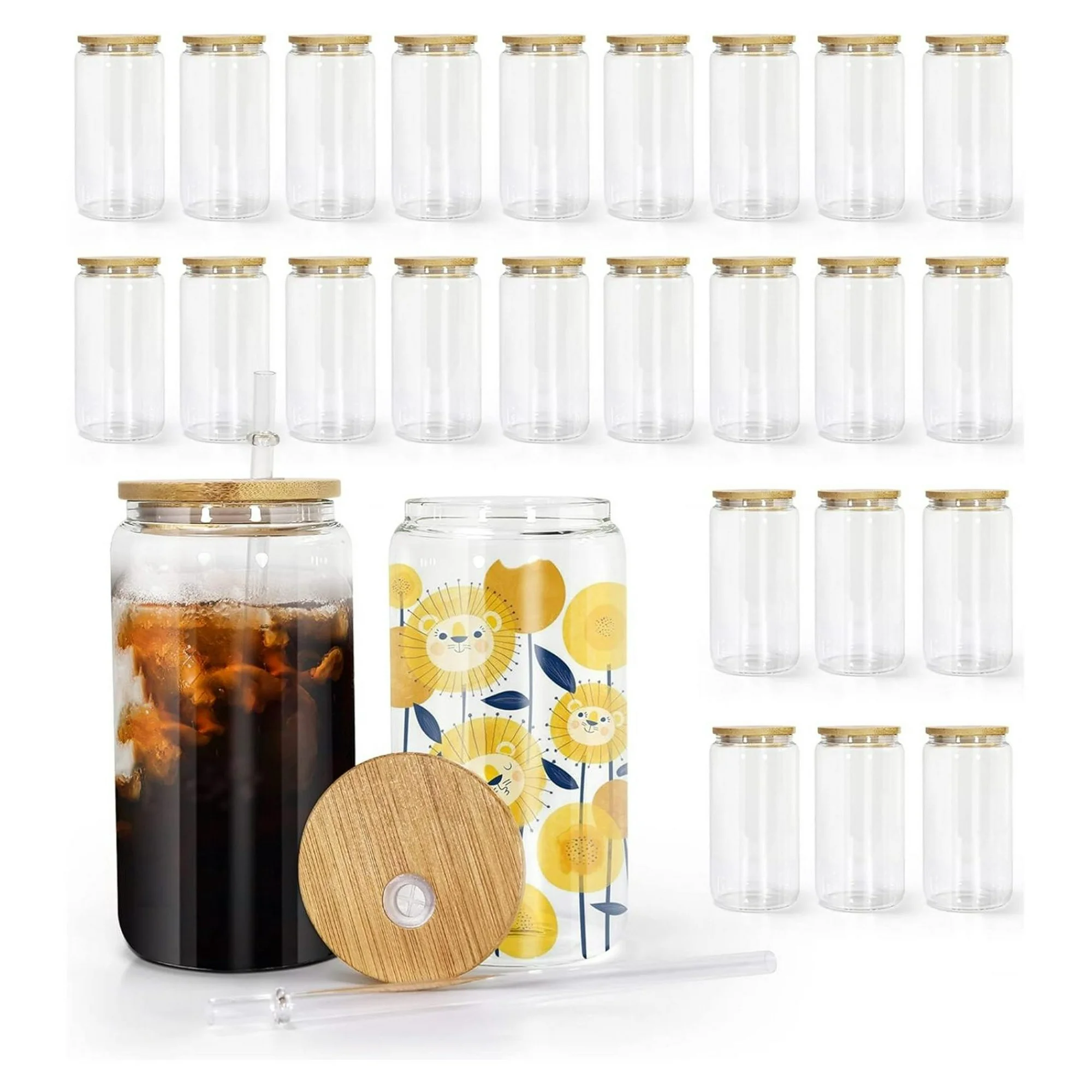 ZHANGHU 25 Pack 16OZ Clear Sublimation Glass Can with -proof Lid and Straw Sublimation Glass Cups Jars Beer Cans, Cocktail Glasses, Whiskey Glasses,Great Gift