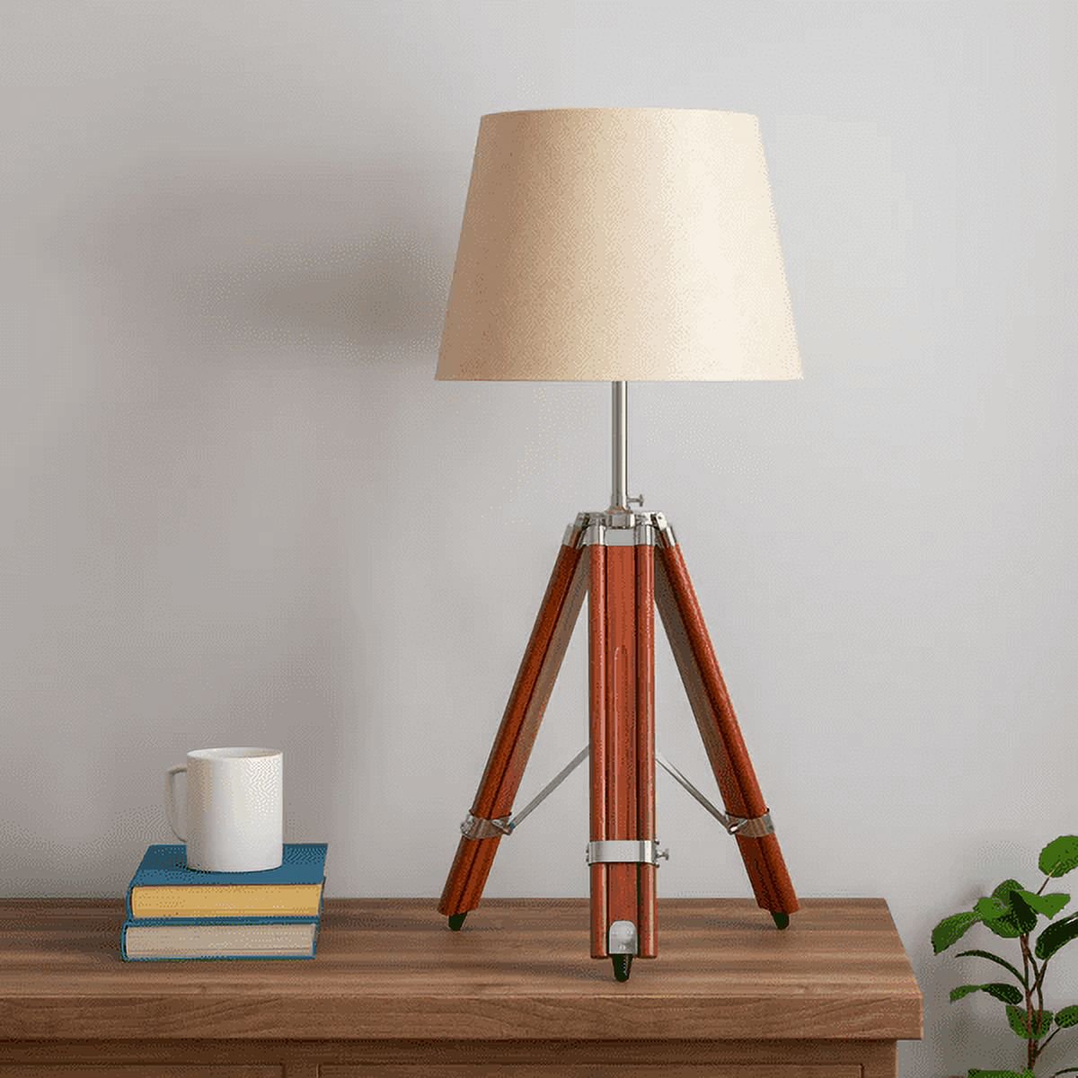 Wooden Brown Polished and Stainless Steel Adjustable Height Tripod Table Lamp with 12 inches Off white Lampshade