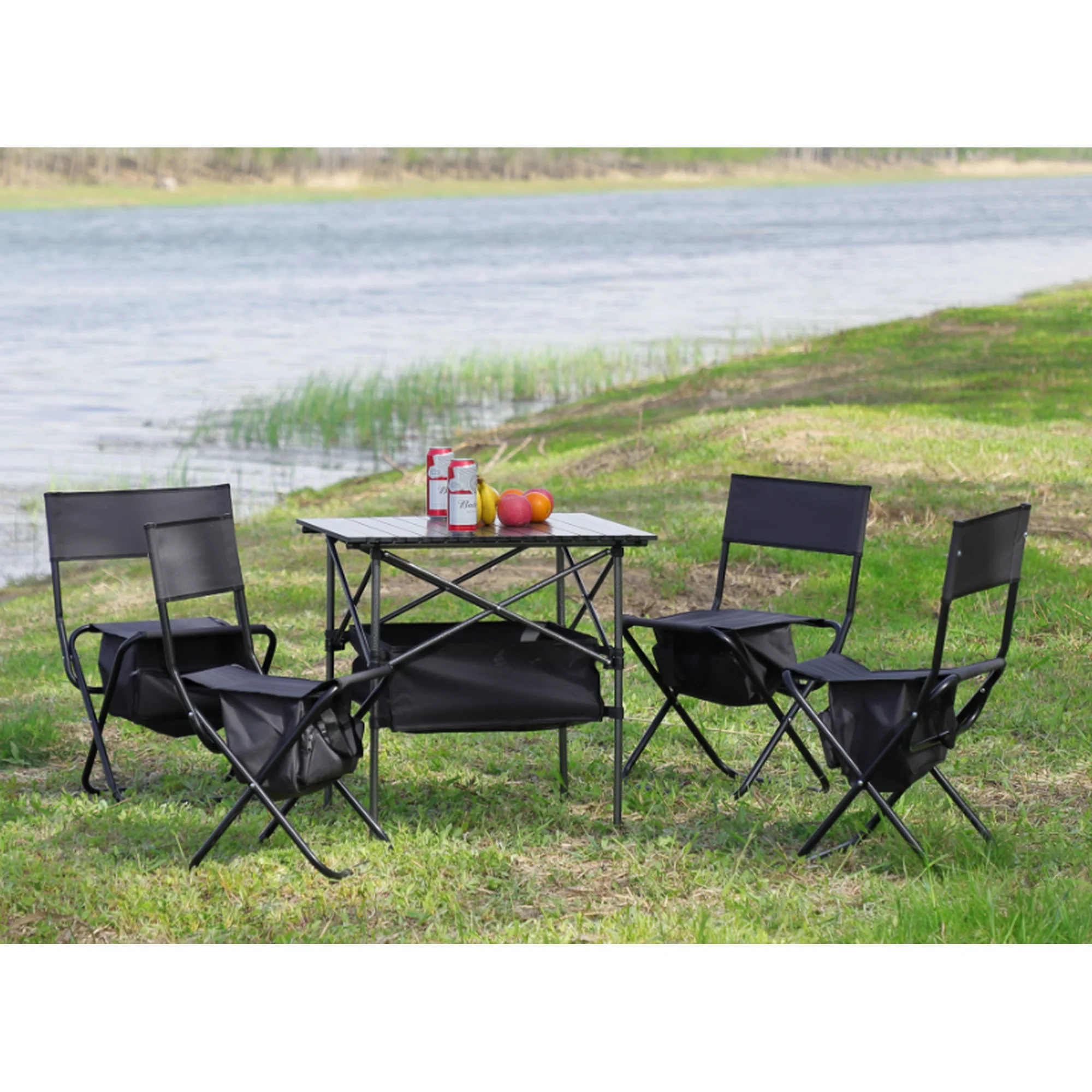 Set of 5, Folding Outdoor Table and Chairs Set for Indoor, Outdoor Camping, Picnics, Beach,Backyard, BBQ, Party, Patio, Black/Gray