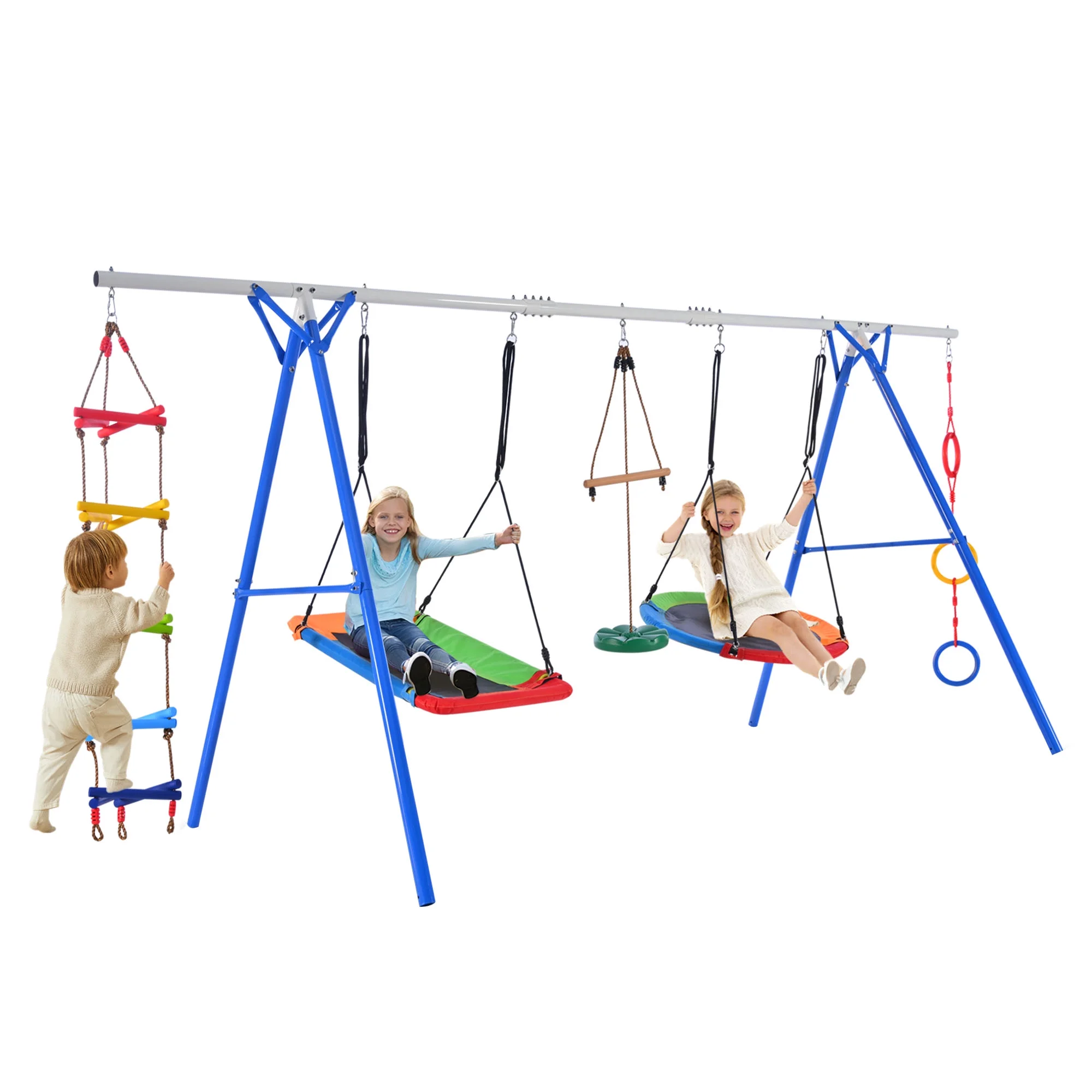5 in 1 Outdoor Toddler Swing Set for Backyard, Playground Swing Sets with Steel Frame, Multifunction Playsets for Kids with Climbing Ladder, Saucer Swing, Monkey Bar Swing, Disc Swing and Swing Ring