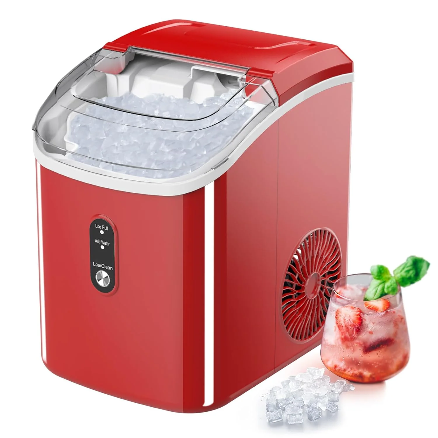 Nugget Countertop Ice Maker with Soft Chewable Pellet Ice, Pebble Portable Ice Machine, 34lbs Per Day, Self-Cleaning, Sonic Ice, One-Click Operation, Ice Scoop for Home Bar Camping RV(Red)