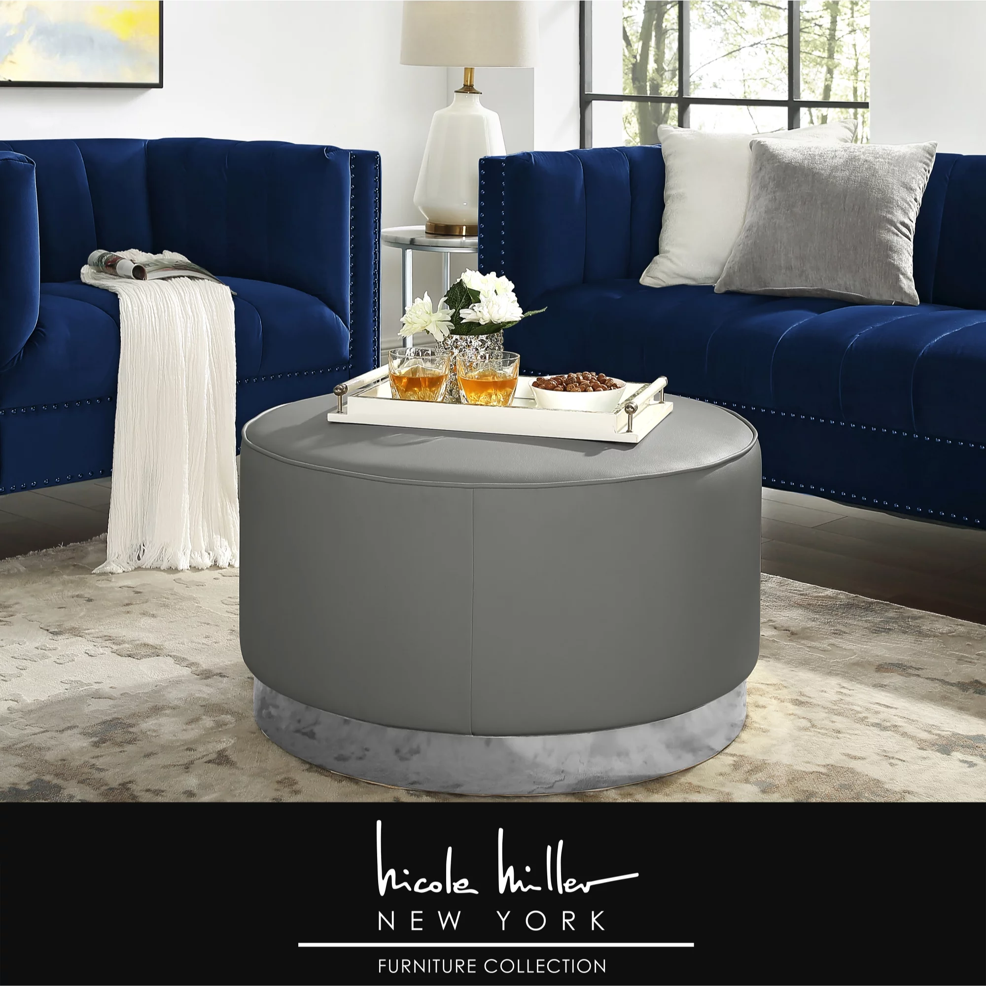 Nicole Miller Cocktail Ottoman Sonny PU Leather Upholstered Metal Trim Base Glam Style, Grey/Chrome