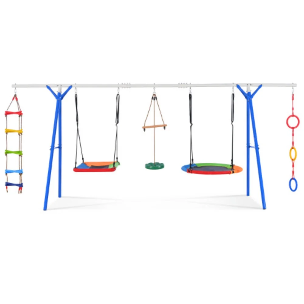 5 in 1 Outdoor Toddler Swing Set for Backyard, Playground Swing Sets with Steel Frame, Multifunction Playsets for Kids with Climbing Ladder, Saucer Swing, Monkey Bar Swing, Disc Swing and Swing Ring