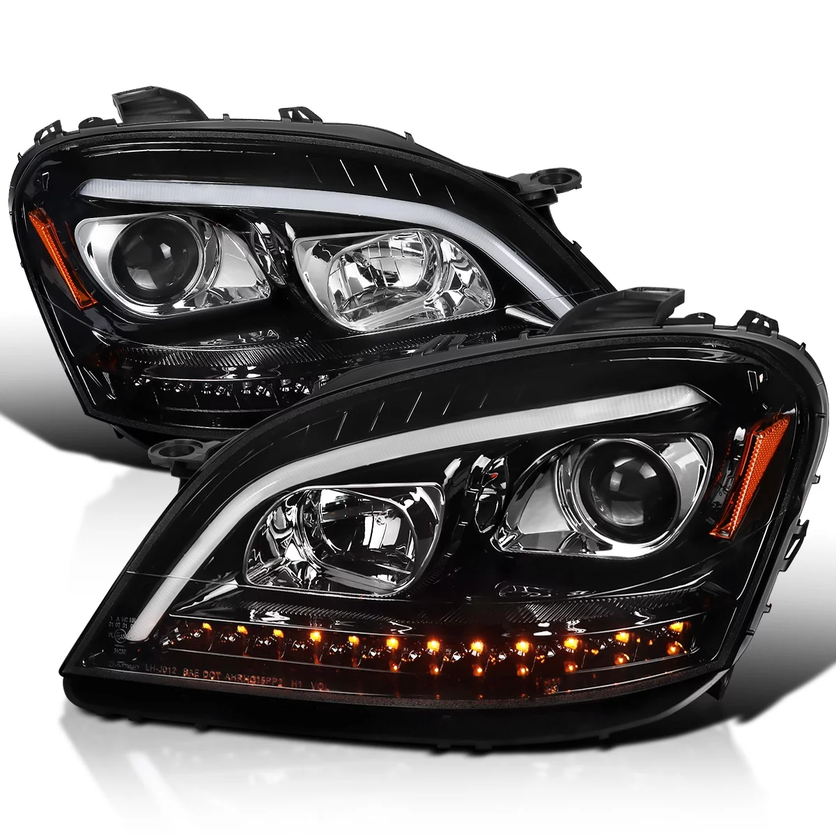 Spec-D Tuning Jet Black Projector Headlights LED Sequential Signal Compatible with 2006-2008 Mercedes Benz W164 ML350 ML500 ML-Class, Left + Right Pair Headlamps Assembly