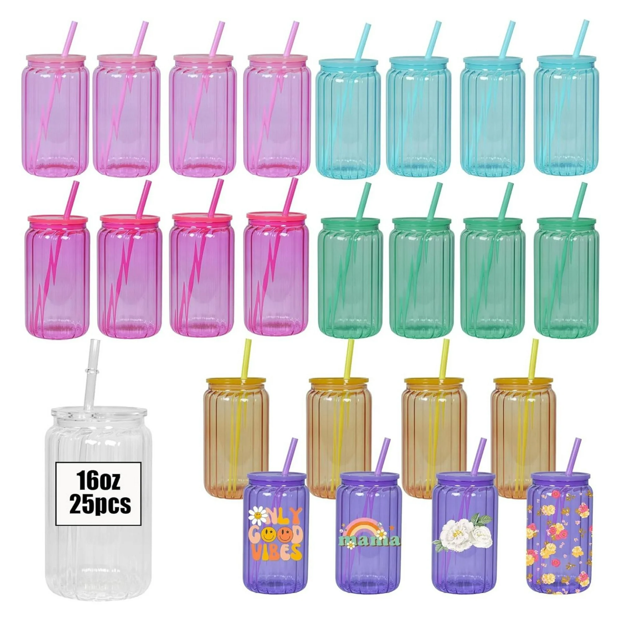 ZHANGHU 25 pack 16oz Clear Vertical Stripes Color Sublimation Glass Cans with Bamboo Lids and Straws,Can Shaped Transparent Sublimation Blanks for Iced Coffee Juice Soda Drinks