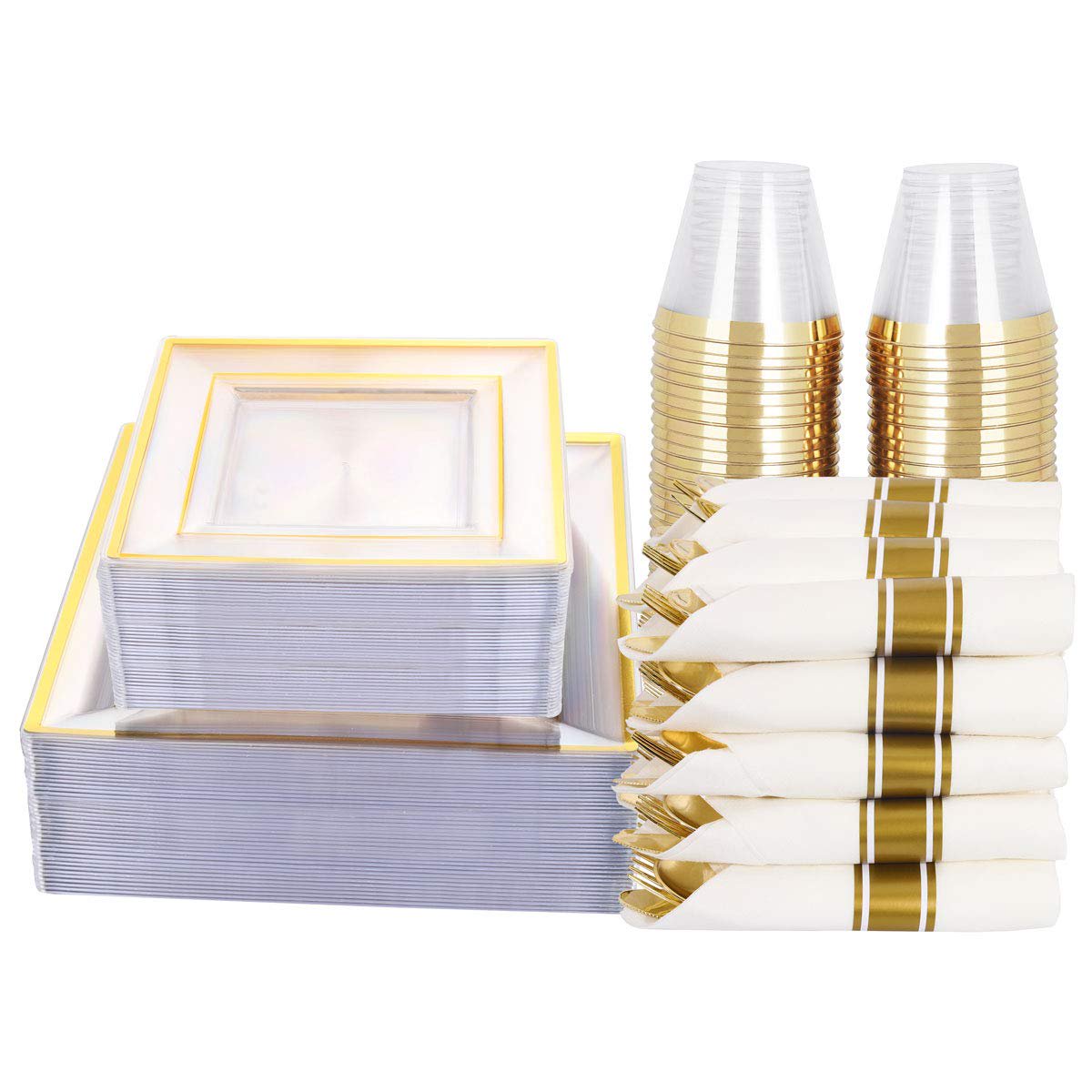 WELLIFE 350 PCS Gold DHF10Plastic Square Dinnerware, Disposable Gold Plates, Includes: 50 Dinner Plates10.25, 50 Dessert Plates7.5, 50 Cups 9 OZ, 50 Pre Rolled Napkins with Cutlery for Wedding