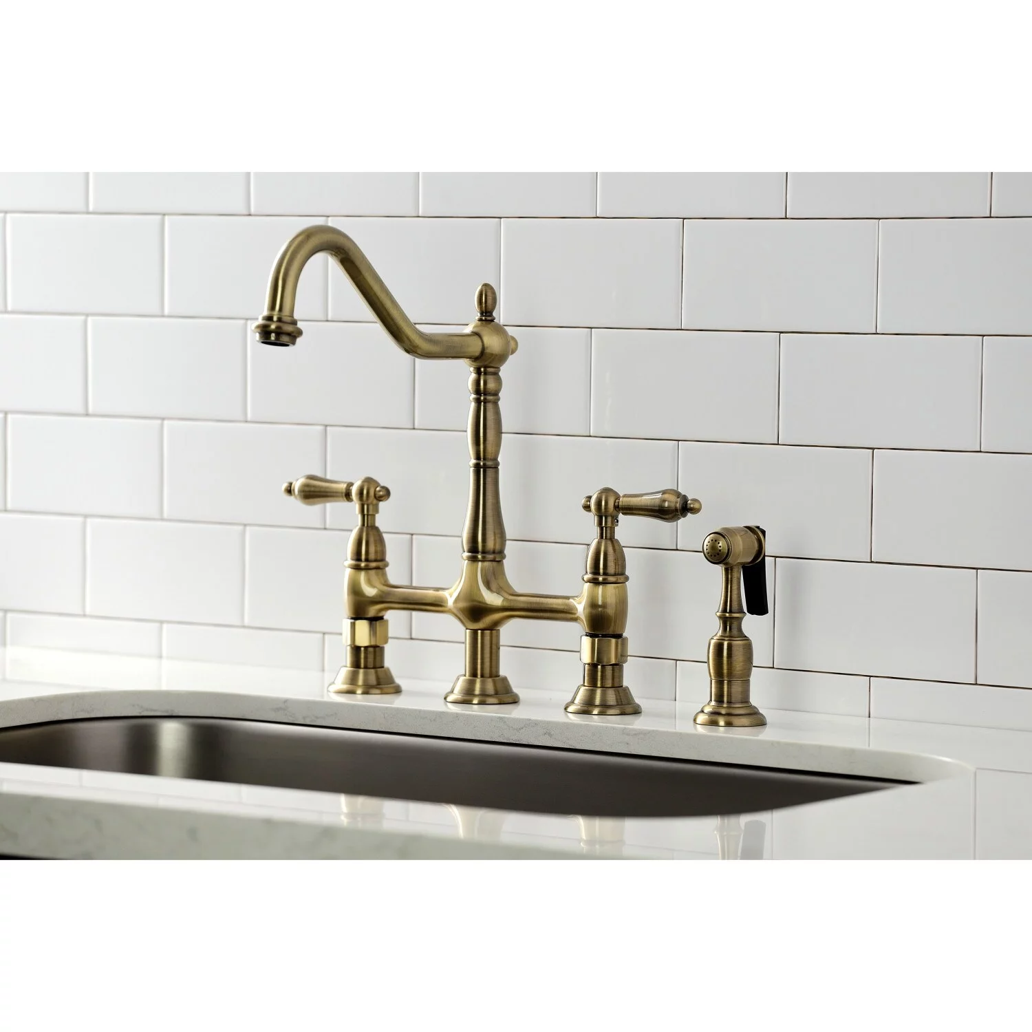 Kingston Brass  Heritage Bridge Kitchen Faucet with Brass Sprayer Antique Brass Brass Finish, Antique