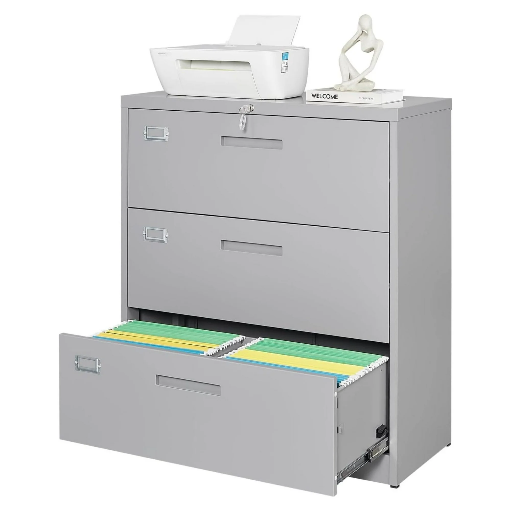 ZHANGHU 3 Drawer File Cabinet, Lateral Filing Cabinets for Home Office, Office Storage Drawers with Lock, Hanging Files Legal/Letter A4 Size (Assemble Required,Grey)