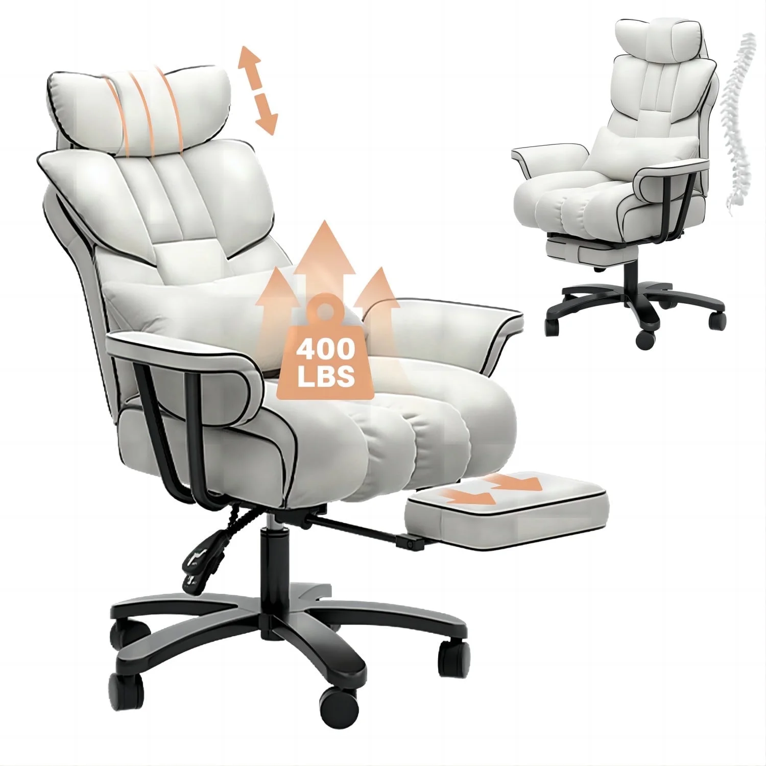 HomeZeer Reclining Office Chair 400lbs with Footrest, Executive Big and Tall Office Chair with Lumbar Support and Wide Seat, Heavy Duty Leather High Back Desk Chair, White