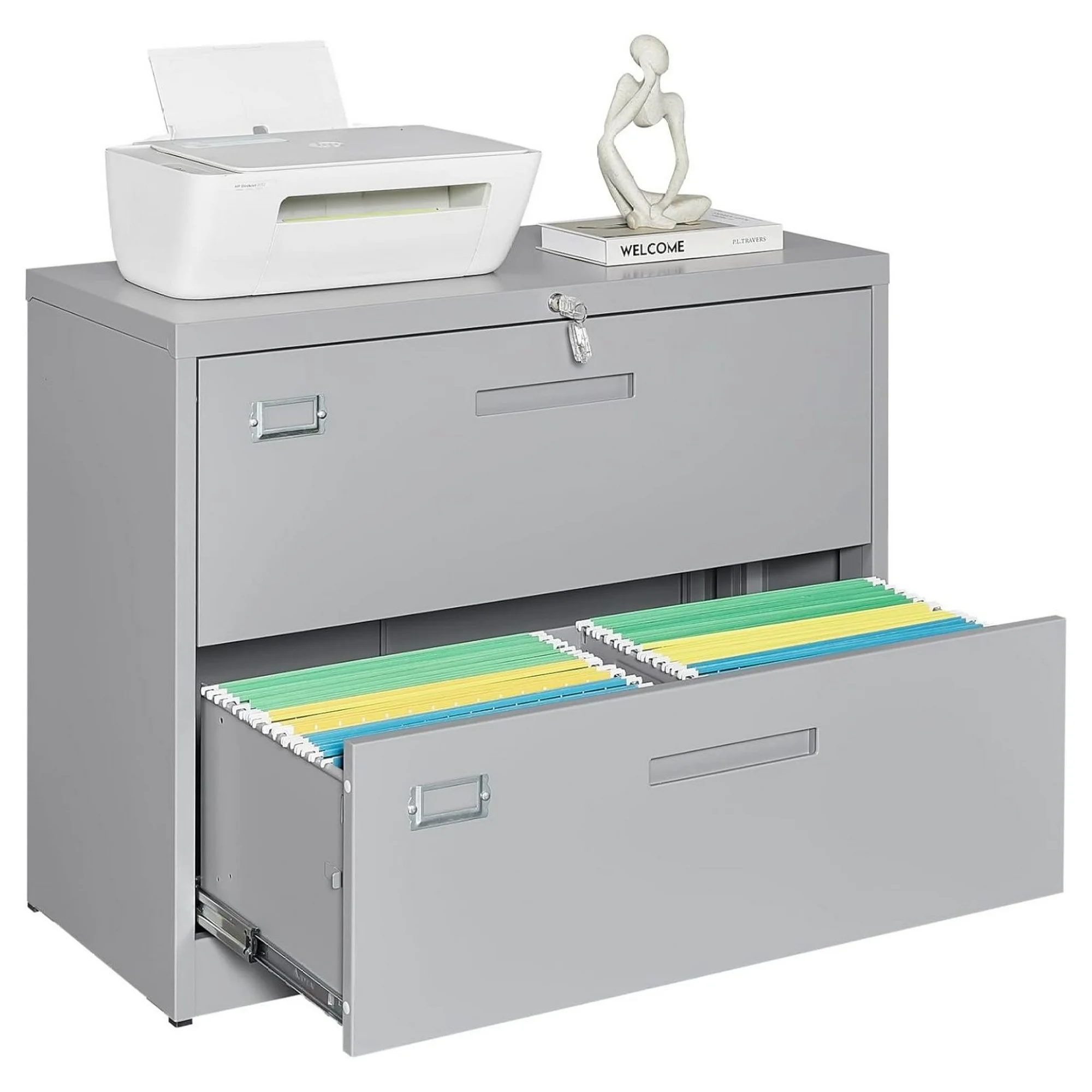 ZHANGHU 2 Drawer Lateral File Cabinet with Lock Metal Filing Cabinet Steel Wide File Cabinets with Anti-tilt Mechanism for Home Office/Legal/Letter/A4/F4 Size Hanging Files Assembly Required Grey