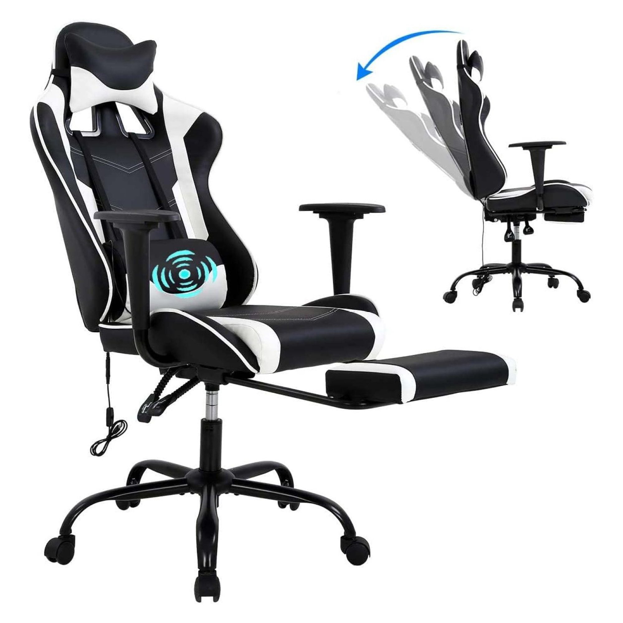 White Computer Swivel Gaming Chair Video Game Chair PU Leather Executive Chair High Back Gaming Office Chair with Lumbar Support, Adjustable Armrest Headrest Footrest for Boys,Girls