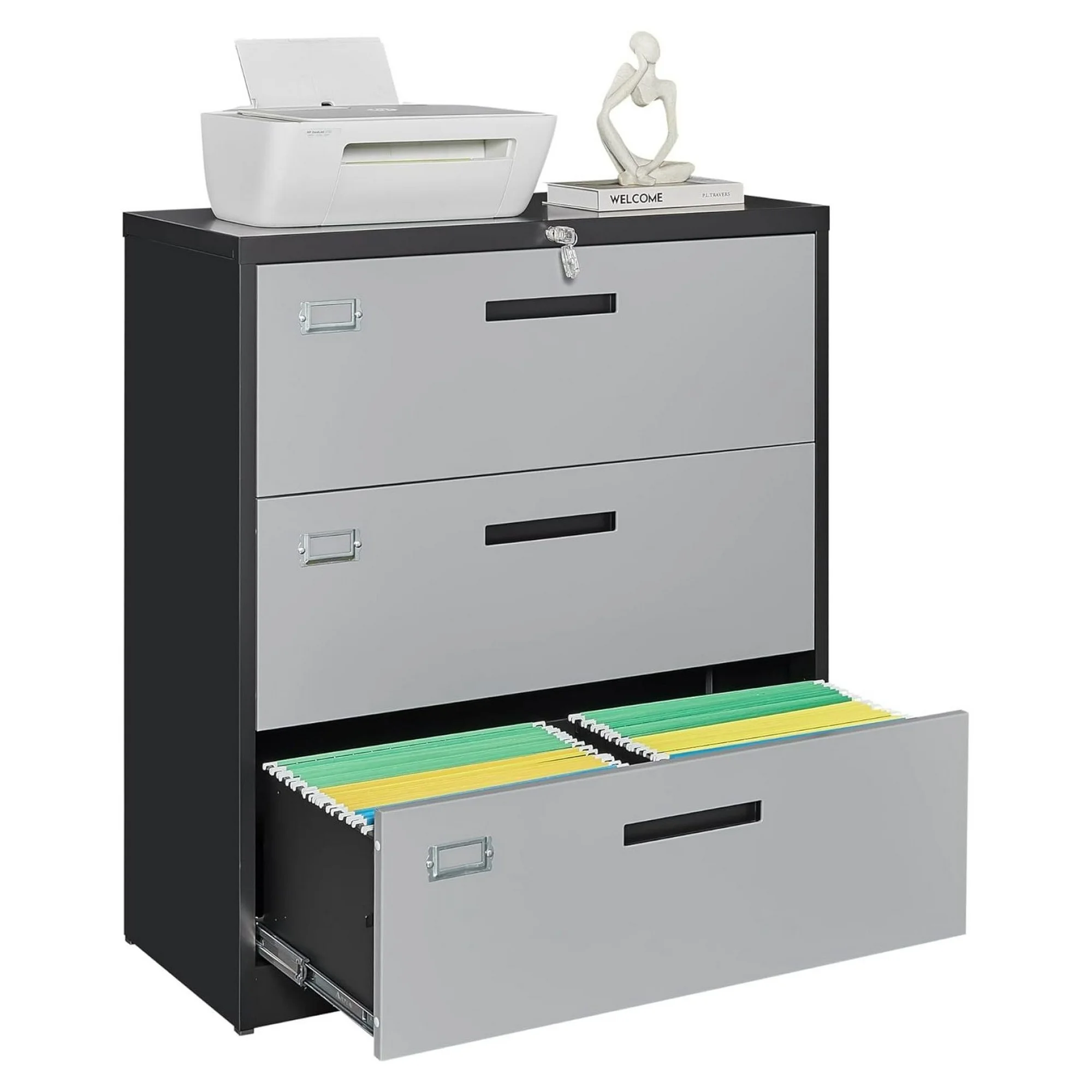 ZHANGHU 3 Drawer Lateral File Cabinet with Lock Metal Filing Cabinet Steel Wide File Cabinets with Anti-tilt Mechanism for Home Office/Legal/Letter/A4/F4 Size Hanging Files Assembly Required