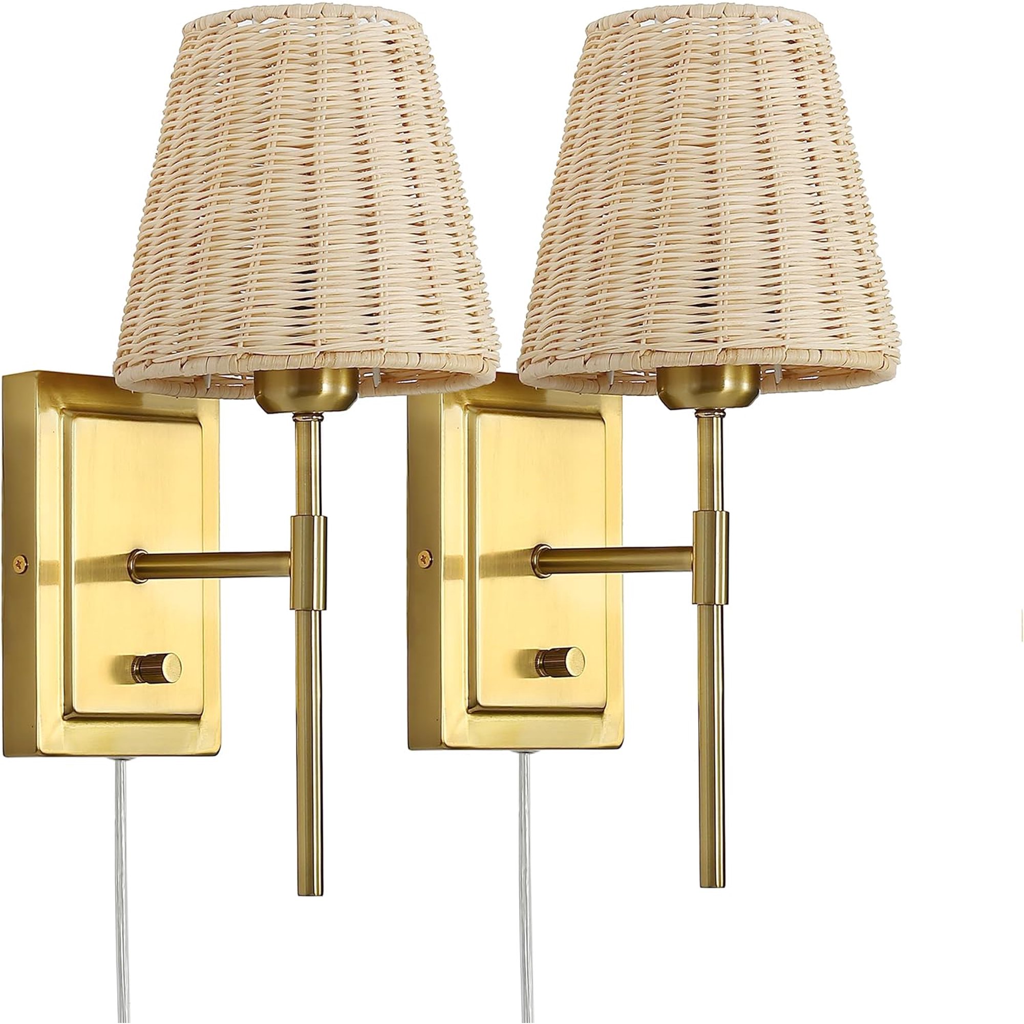 WEIKE Wall Sconce Rattan Wrapped Wall Lamp Set of 2, Wall Light Gold Light Fixture Vintage Bedside Light Wicker Handmade Shade Brass Reading Light Plug in or Hardwire Gold