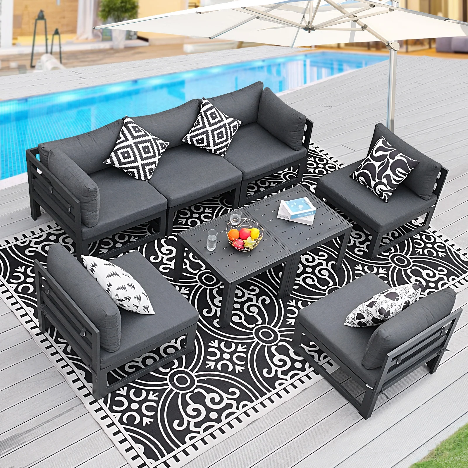 NICESOUL 8 Pieces Extra Large Outdoor Aluminum Furniture Set with 2 Tables,29'' Depth Patio Seating Conversation Set Grey Aluminum Modern Patio Sofa Sectional Weather Proof