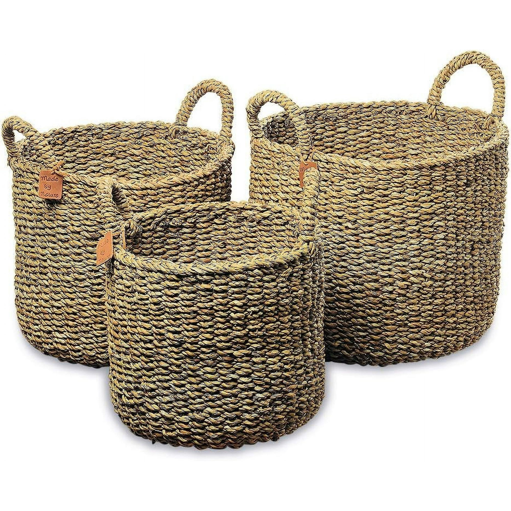 WHW Seagrass Baskets, Set of 3, Natural, Chunky Sweater Weave Wicker, Handmade, 16.5, 15.75, 14.25 inches