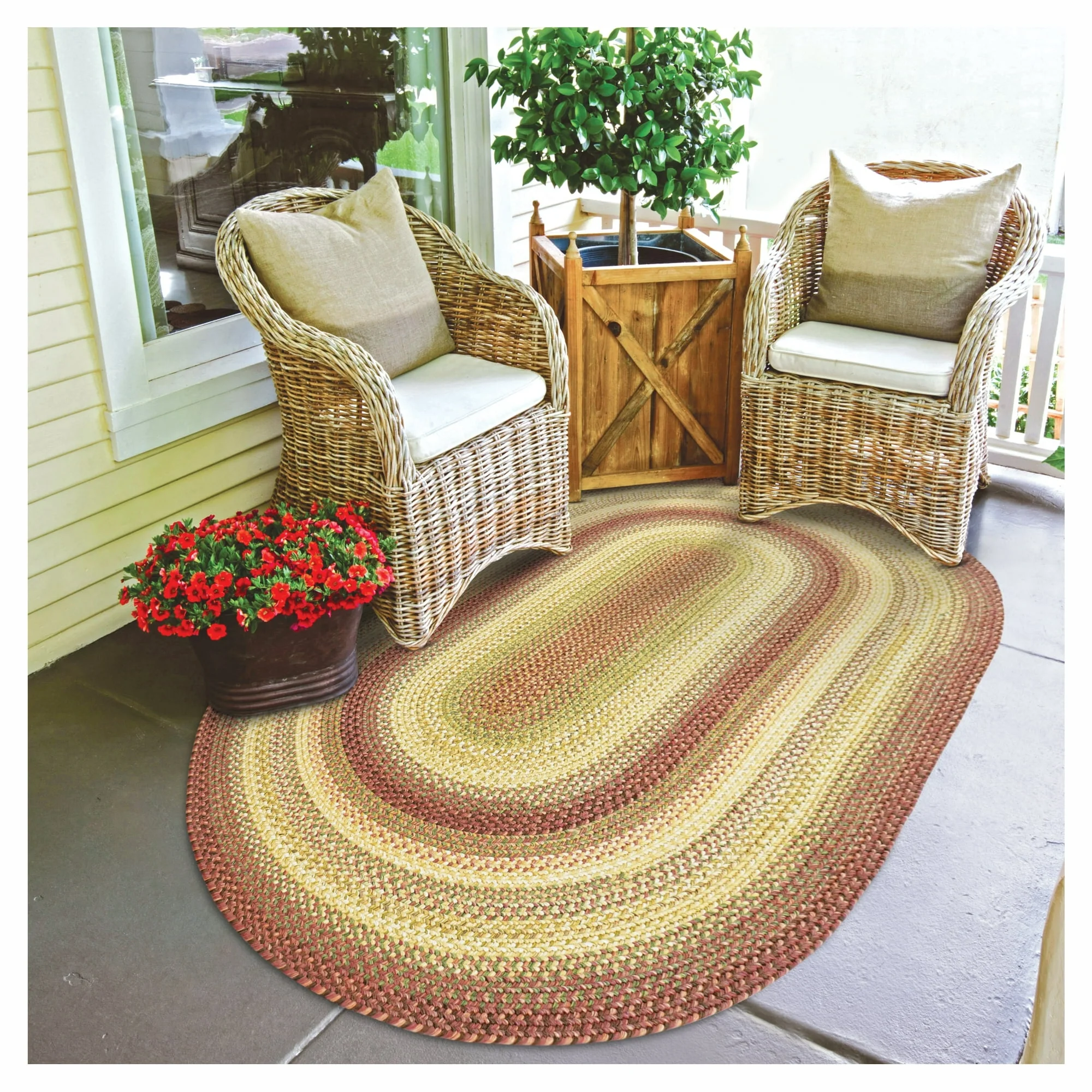 Homespice Barcelona 8x10' Oval Country Rug and Red Area Rugs Rustic Cabin, Waterproof Indoor Outdoor Braided Rugs and Large Rugs for Living Room and Patios