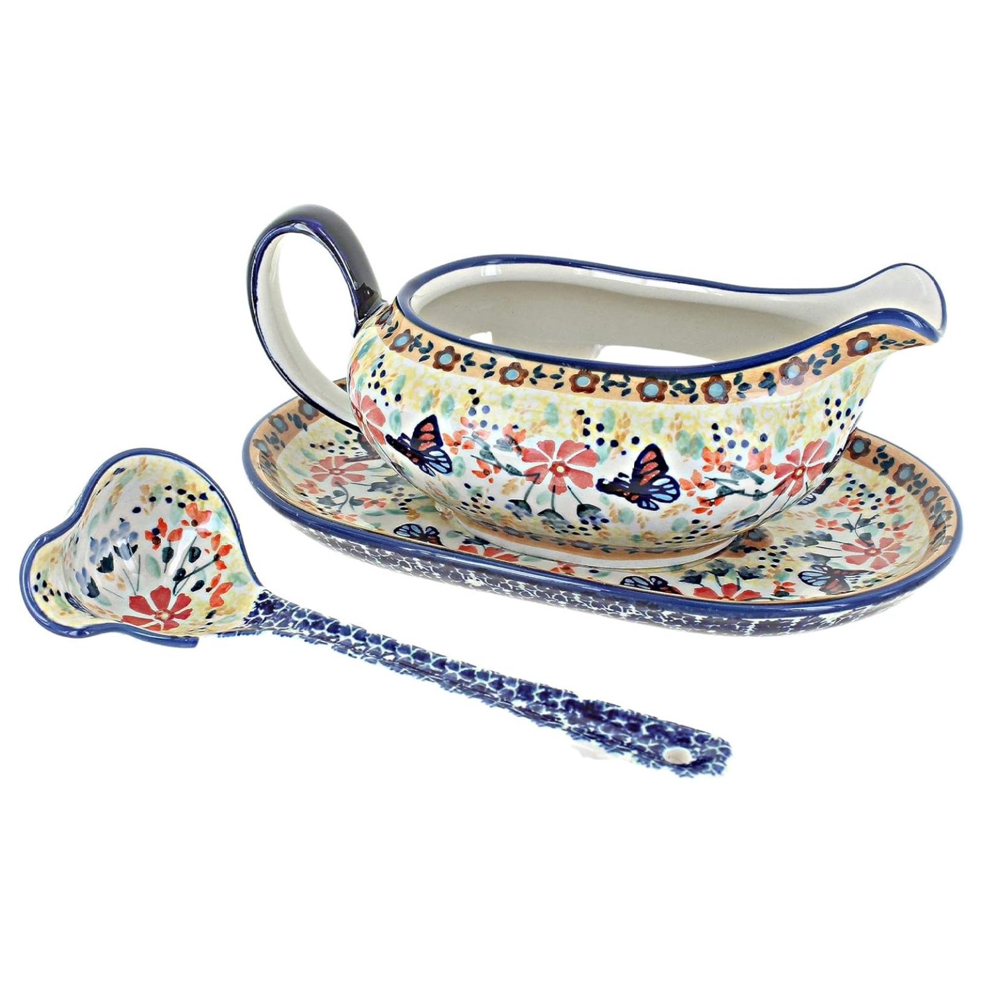 ZHANGHU Blue Rose Polish Pottery Blue Gravy Boat & Ladle