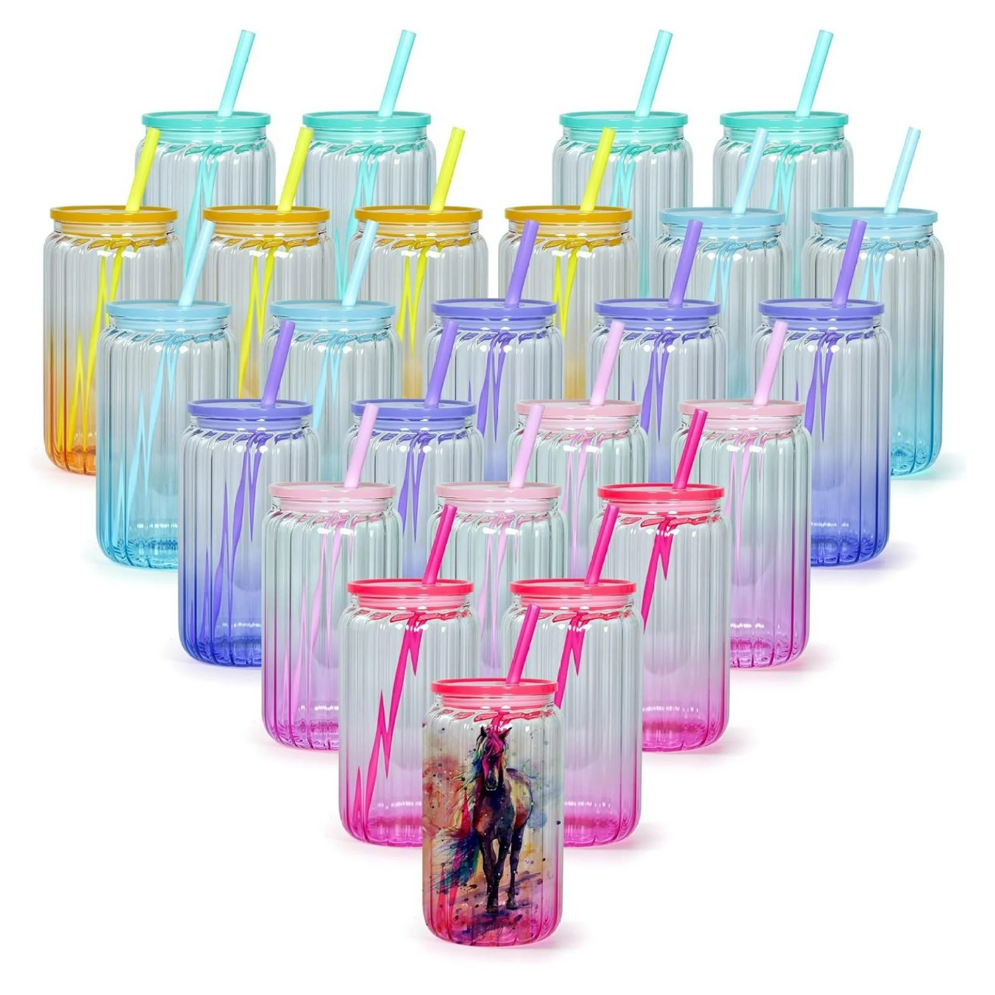ZHANGHU 25 Pack 16OZ Clear Sublimation Glass Can with -proof Lid and Straw Gradual Change Sublimation Glass Cups Jars Beer Cans, Cocktail Glasses, Whiskey Glasses,Great Gift
