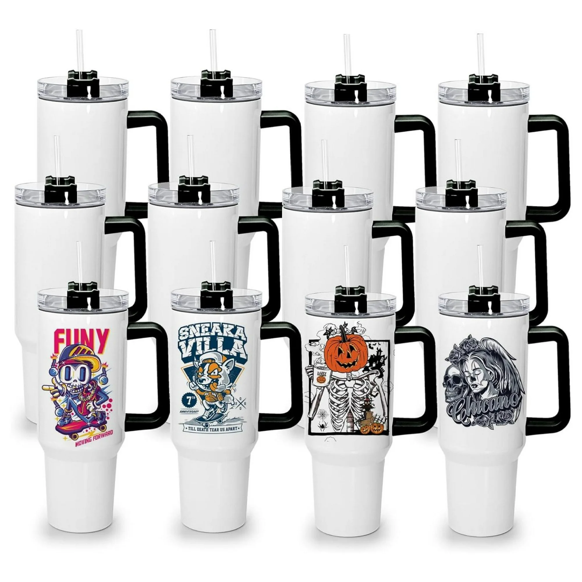 ZHANGHU 40 oz Sublimation with Handle and Straw,12 Pack Reusable Insulated Travel Mugs with Leak Proof Lids and Stainless Steel Straws for Keep Hot/Cold Hours,Black