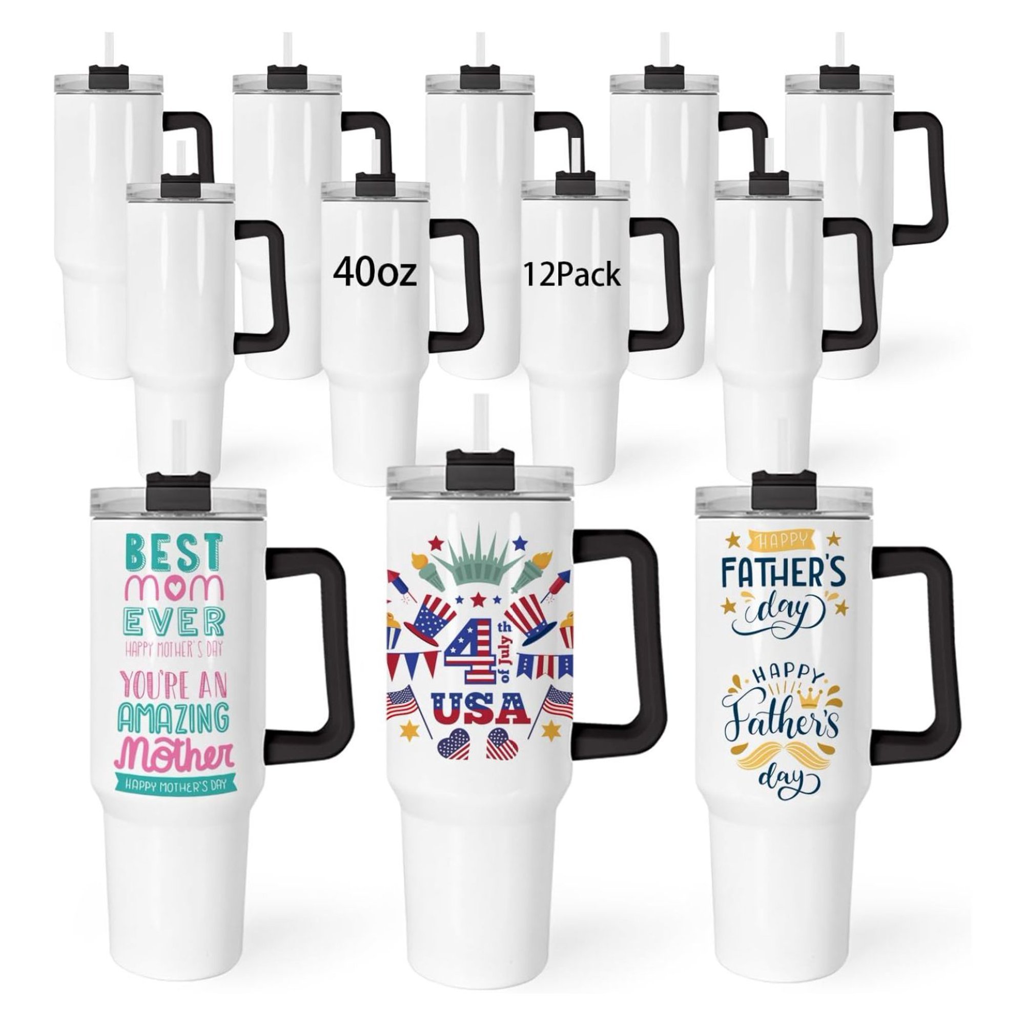 ZHANGHU 40 oz Sublimation with Black Handle Lid and Straw 12 Pack Stainless Steel Double Wall Vacuum Insulated Travel Mug Cup Bulk Sublimation Blank for DIY Gift
