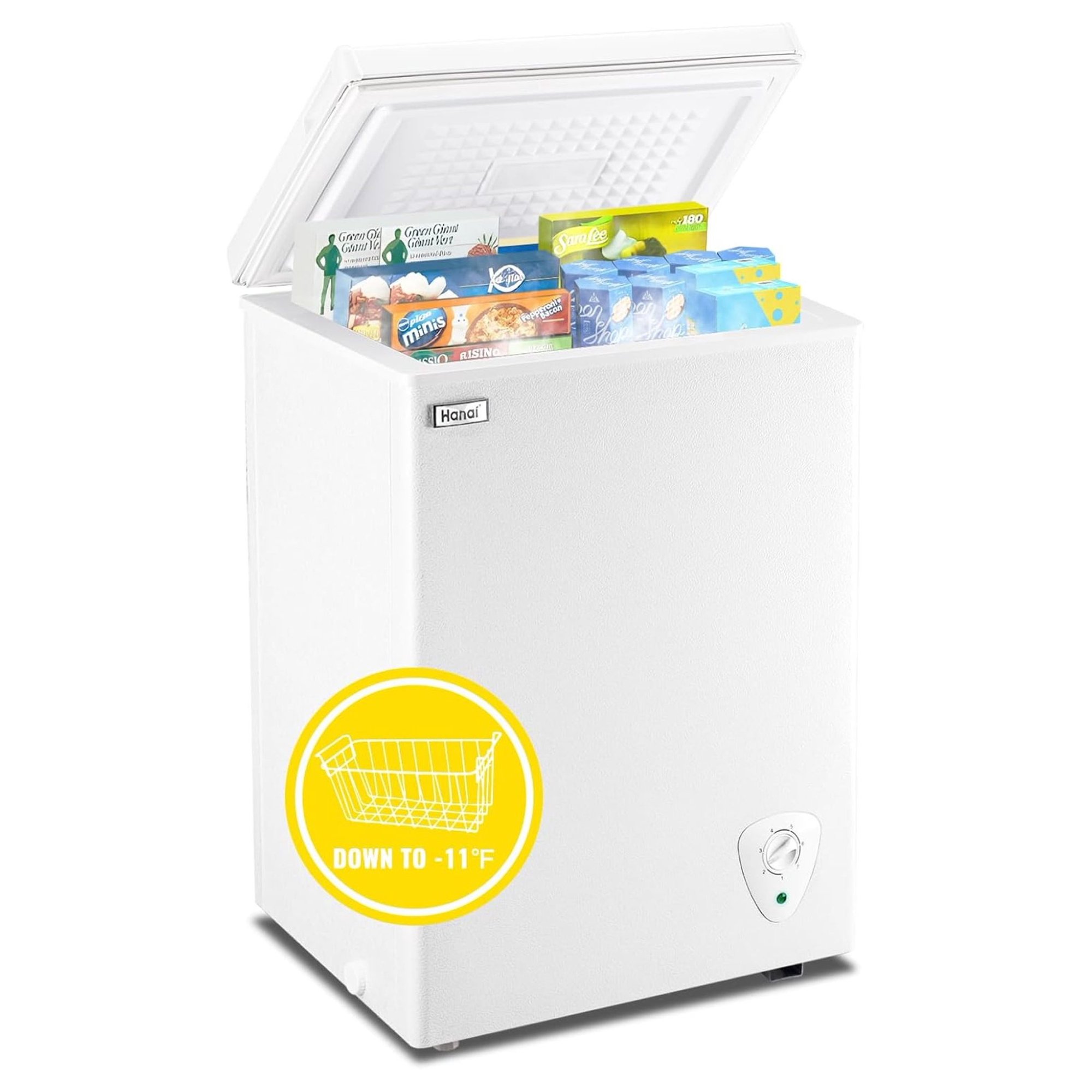 WDNMD9418 Chest Freezer Small Deep Freezers with Removable Storage Basket Freestanding Top Door Compact Freezer 7 Gears Temperature Control Mini Freezer for Office Dorm Apartment