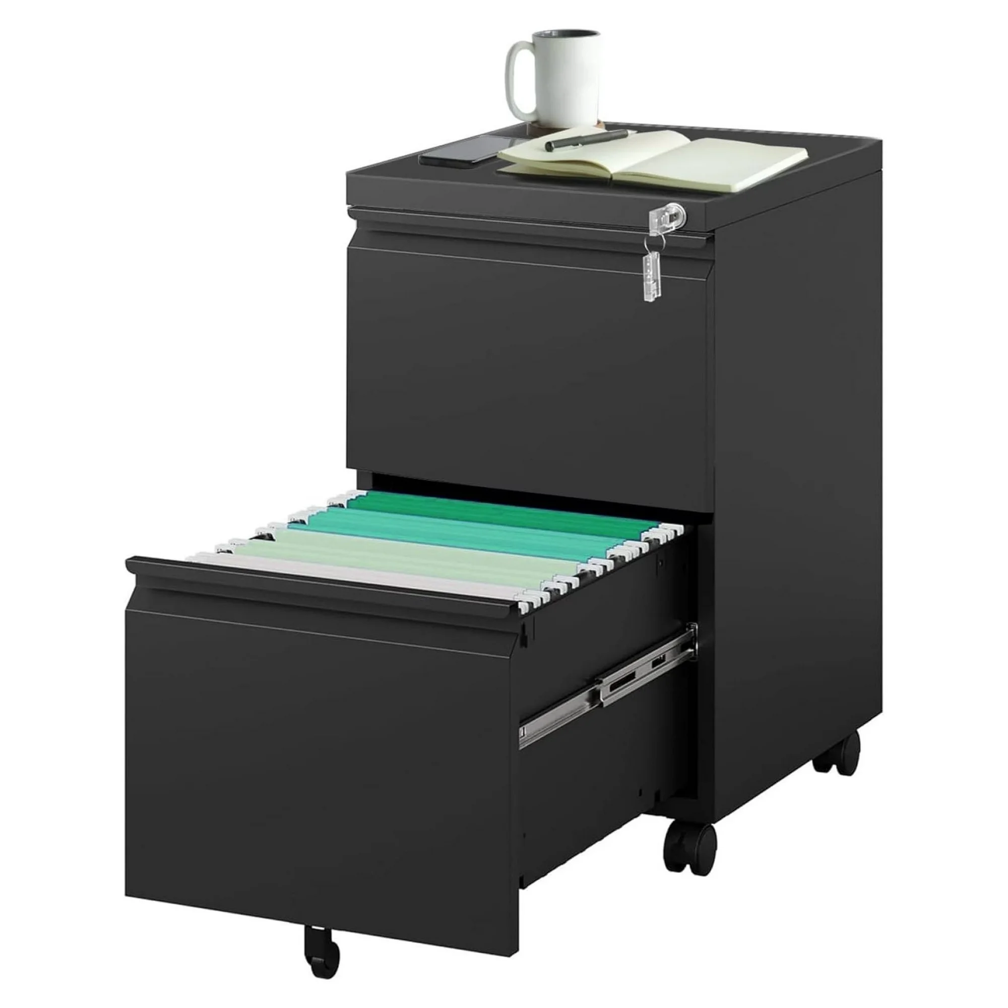 ZHANGHU 2 Drawer Mobile File Cabinet, Metal Vertical Filing Cabinet with Lock for Letter/Legal Size, Anti-tilt Design Rolling Desk Filing Cabinet for Home Office Fully Assembled Except Casters(Black)