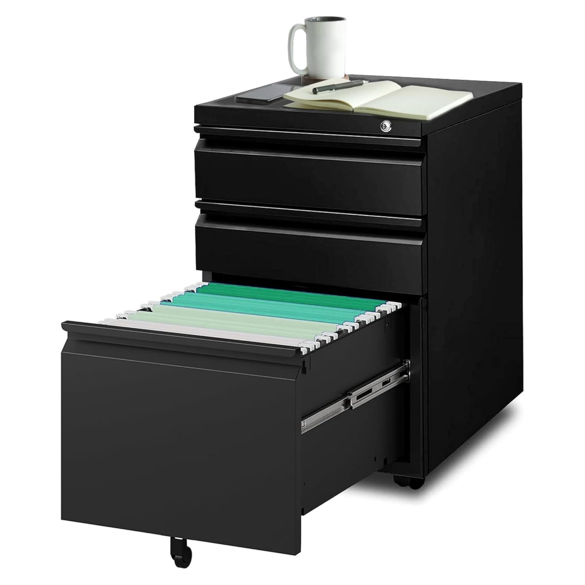 ZHANGHU 3 Drawer Mobile File Cabinet with Lock and Wheel,Anti-tilt Design Metal Vertical Filing Cabinet,Rolling Desk Filing Cabinet fits Letter/Legal Size for Home Office(Black)