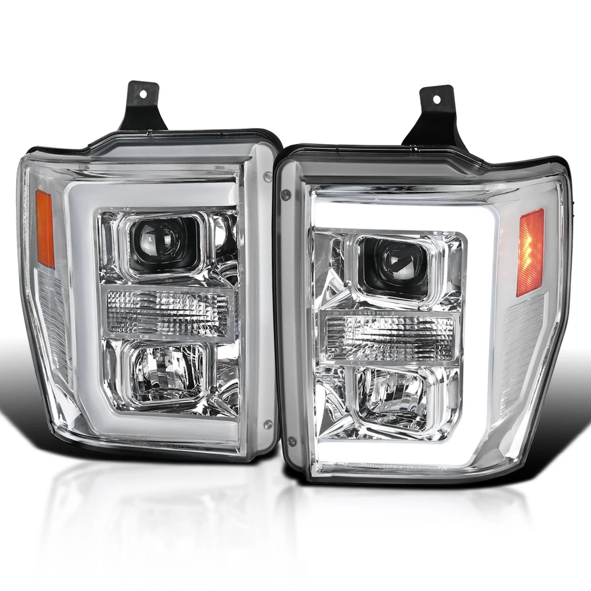 Spec-D Tuning LED Bar Projector Headlights Compatible with 2008-2010 Ford F250/F350/F450/F550 Super Duty, Left + Right Pair Headlamps Assembly