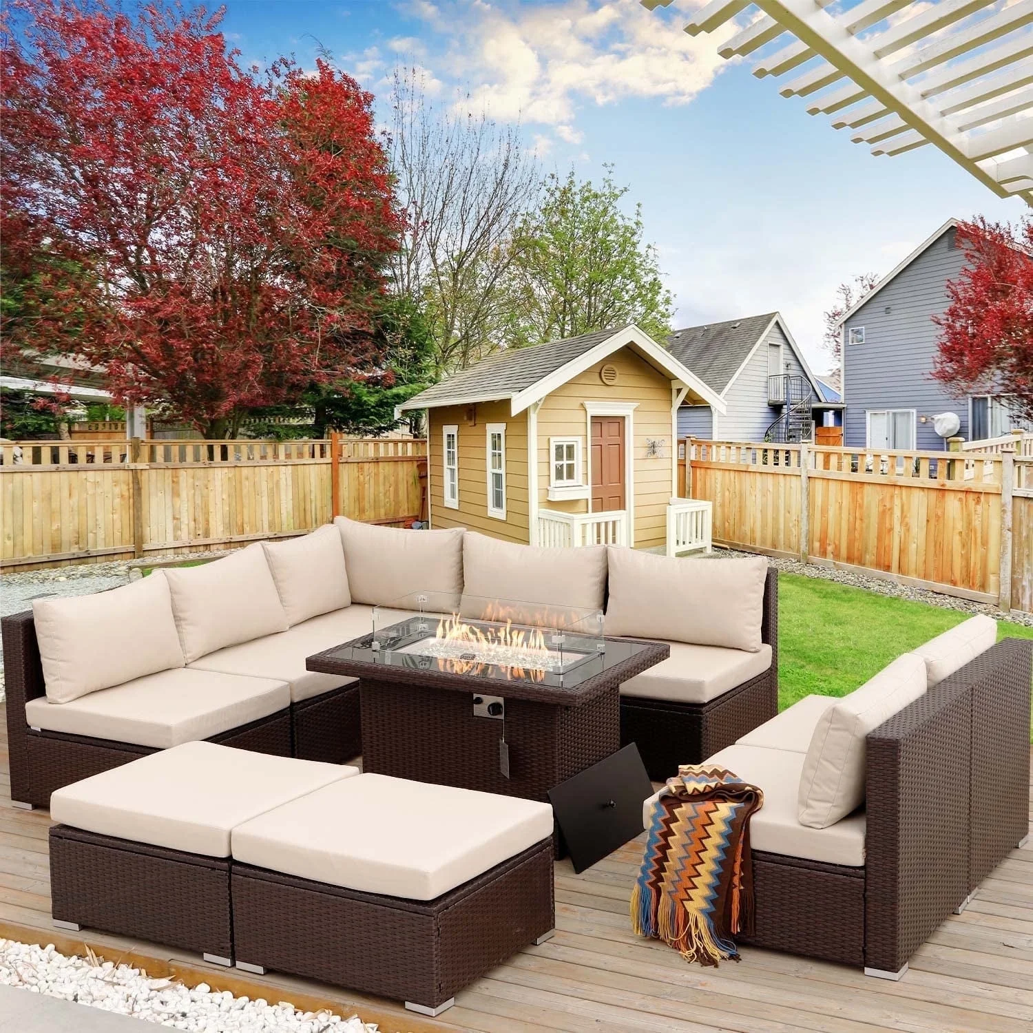 NICESOUL 10 Pcs Outdoor Furniture with Fire Pit Table Wicker Sofa Espresso