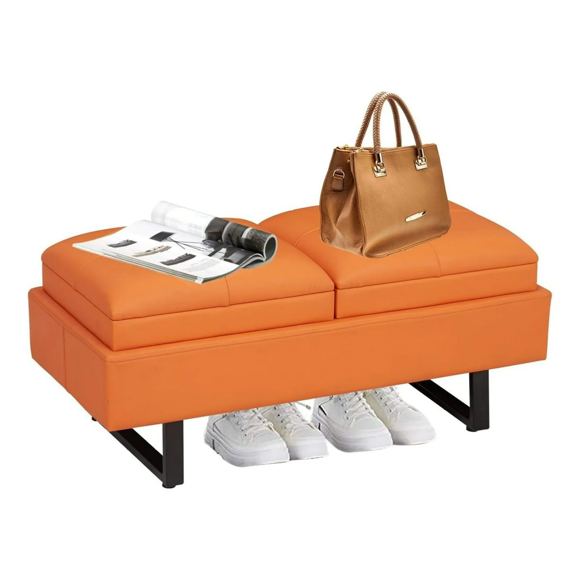 ZHANGHU 2-Seat Entryway Bench with Thickened Cushion - Leather Bench Bedroom Bench with Adjustable Feet for Entryway Living Room Bedroom, Orange