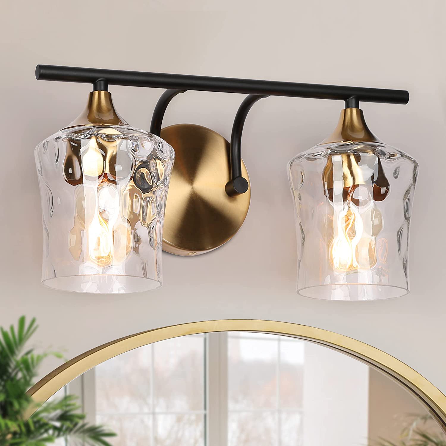 WEIKE Bathroom Vanity Light, Black and Gold Vanity Light, 2-Light Bathroom Lights over Mirror with Hammer Glass Shades