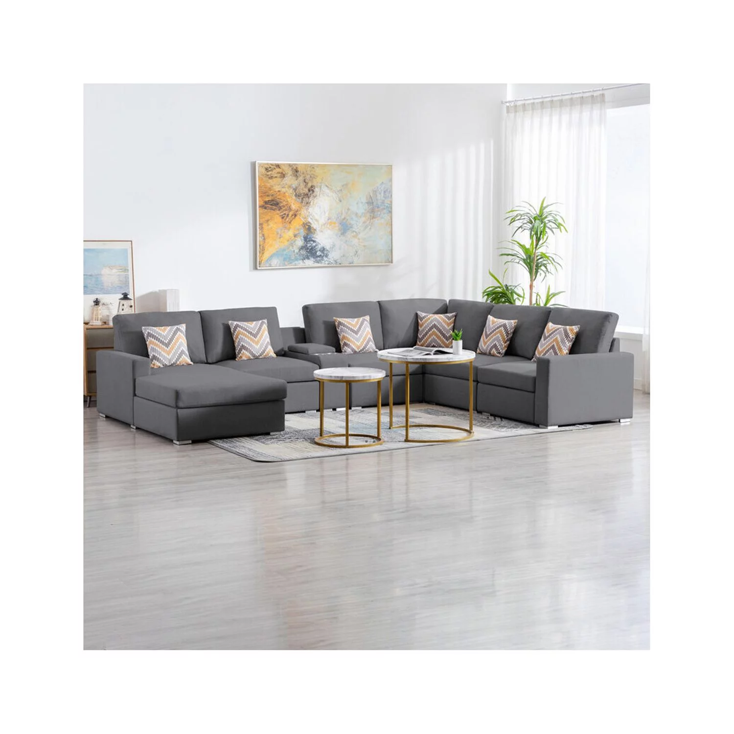 Homestock Classic Comfort Linen Fabric 7Pc Reversible Chaise Sectional Sofa with a USB, Charging Ports, Cupholders, Storage Console Table and Pillows and Interchangeable Legs
