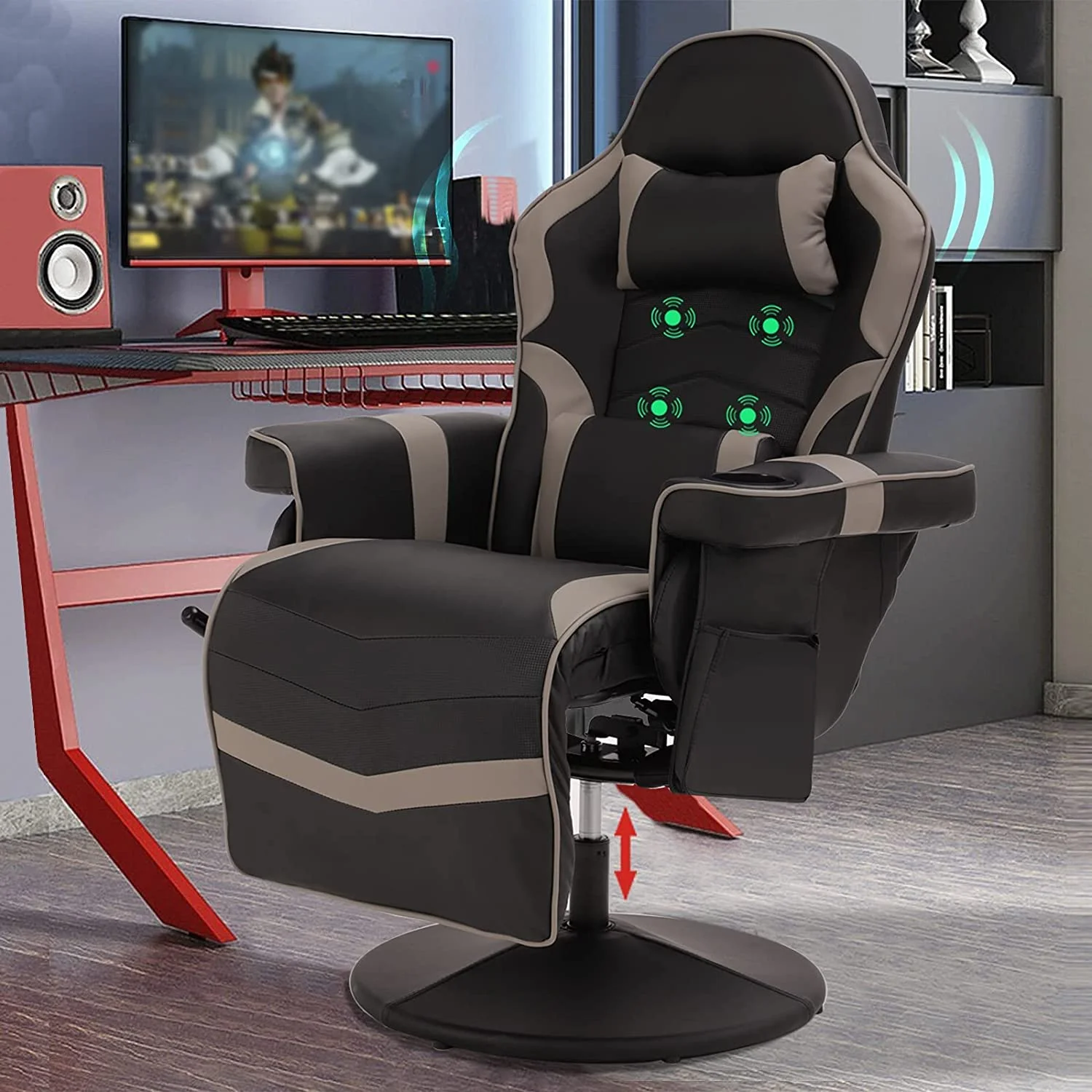 HOMEZY Reclining Gaming Chair, Gaming Chair with Footrest and Massage, High Back PU Leather Gaming Recliner w/Adjustable Height, Swivel Game Chair with Lumbar Support, Cup Holder, Headrest