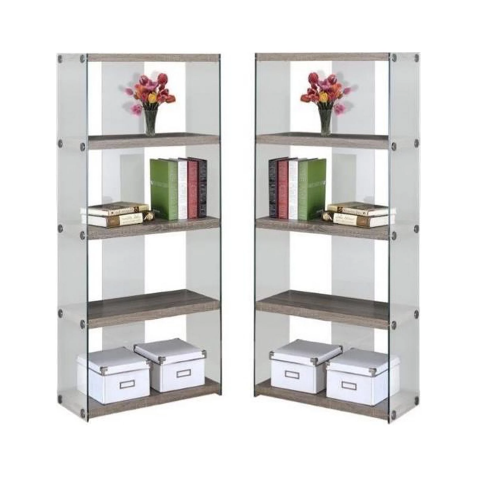 Home Square 2 Piece Bookcase with Tempered Glass Set in Dark Taupe